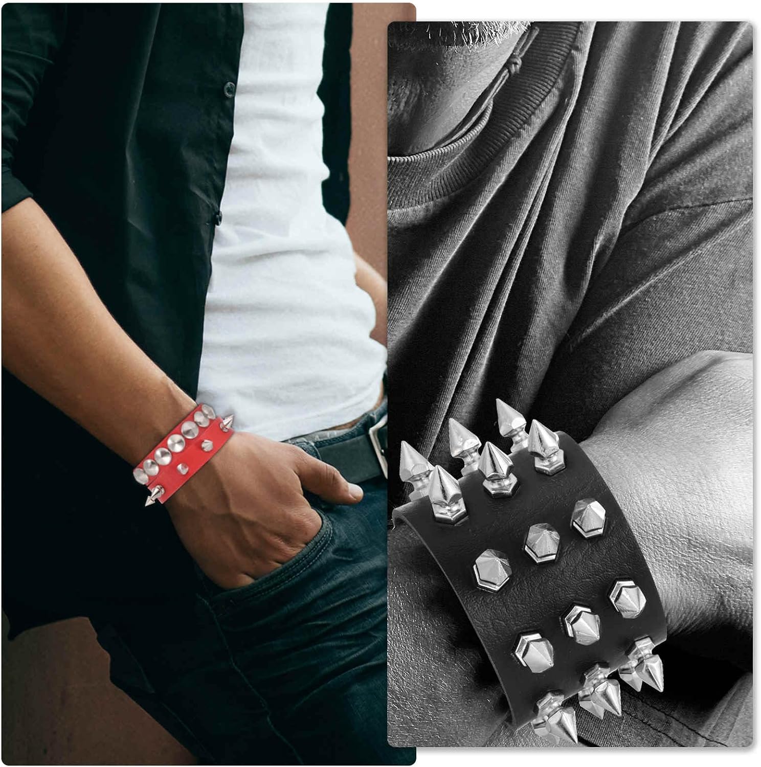 MECCANIXITY Punk Rock Studded Faux Leather Bracelet Set, Goth Spiked Cuff Wristband Adjustable Fashion Bracelets for Halloween Party Favors Emo Grunge Accessories image 5