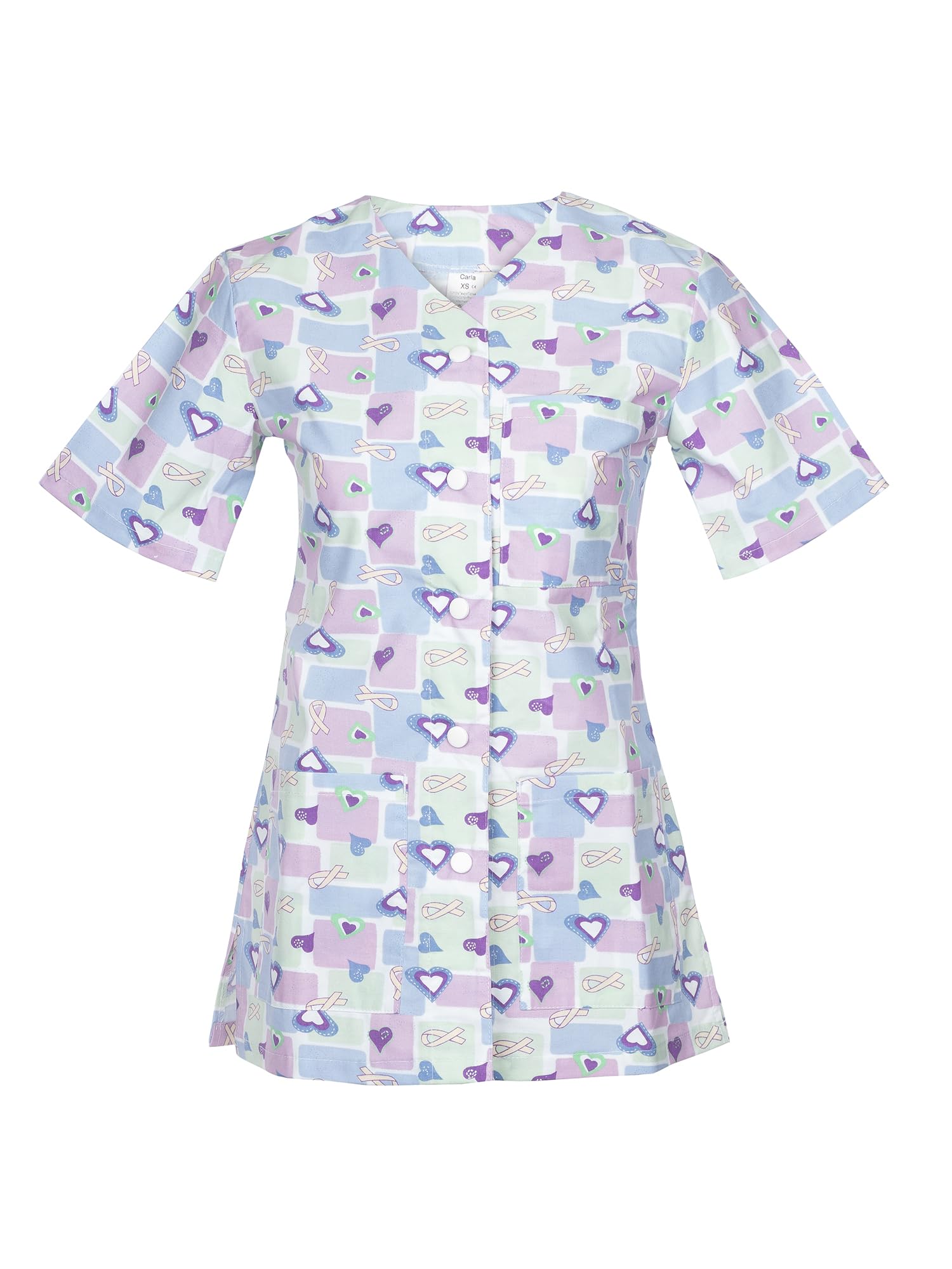 DINOZAVR Carla Blouse Medicale Femme - Tenue Infirmiere Professionnelle Imprimé Coloré, Manches Courtes, Col en V, 2 Poches Inférieures, 1 Poche Supérieure, Fermeture à Bouton