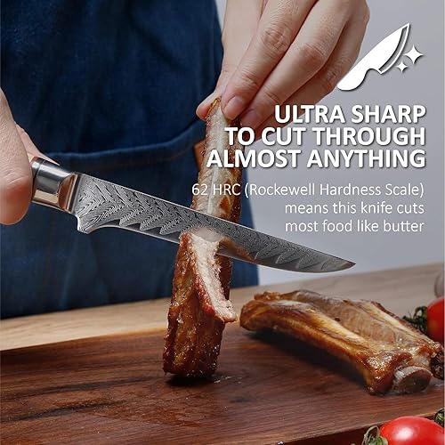 Miniatura 6 de Master Maison Cuchillo de filete de acero de Damasco de 6 pulgadas con mango de espiga completa, funda, piedra de afilar, caja de almacenamiento