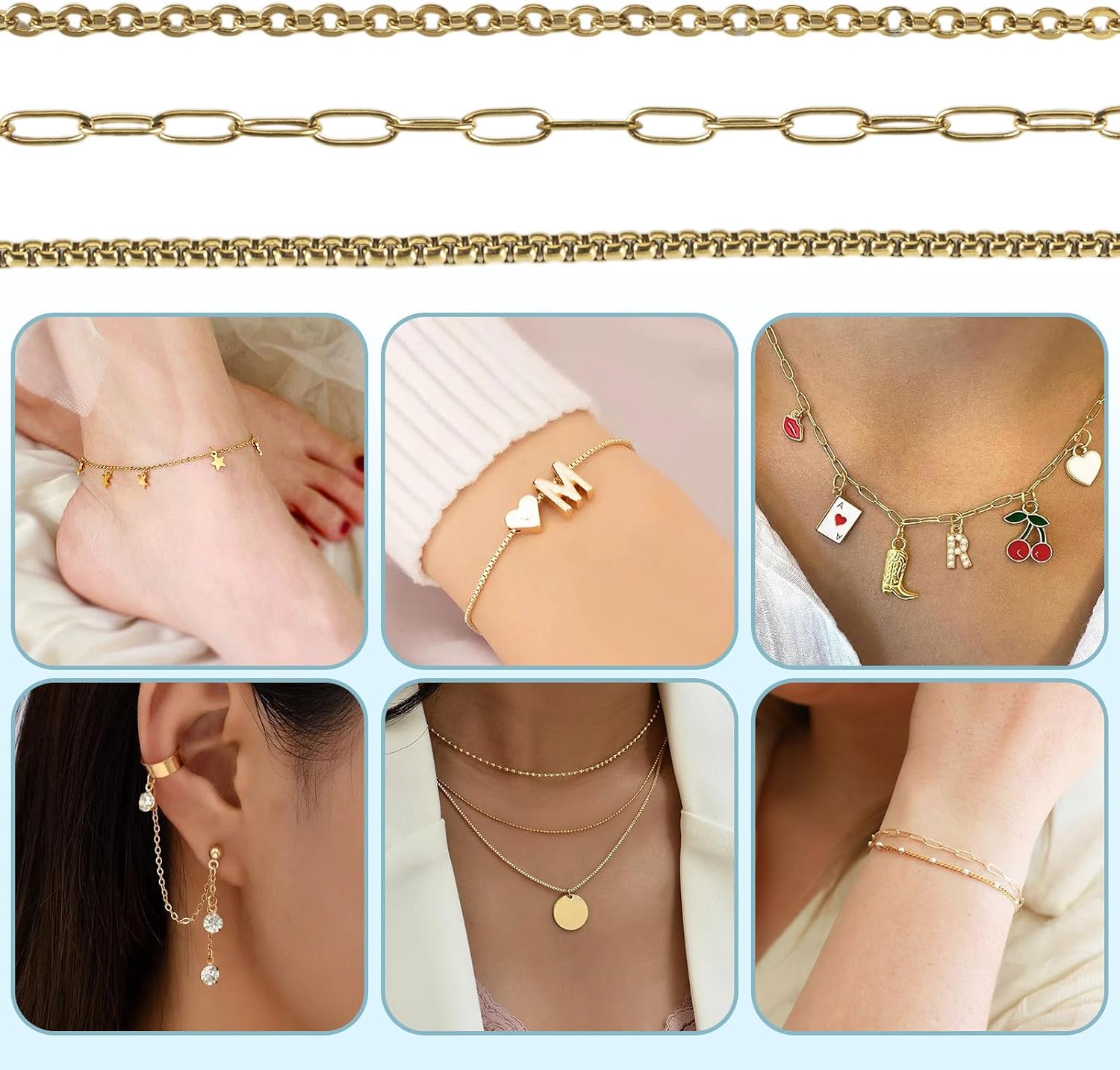 3 Rolls Golden Plated Stainless Steel Chains Soldered Paperclip Chain Box Chain Cable Chains with Lobster Claw Clasps Jump Rings for Bracelet Necklace Jewelry Making
