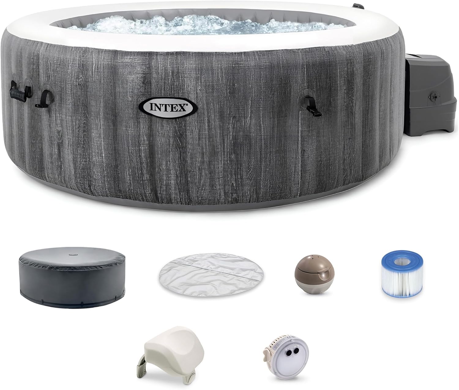 INTEX 28439EP PureSpa Greywood Deluxe Inflatable Spa Set: Includes Energy Efficient Cover – Spa Control App – Wireless Control Panel – 4 Person Capacity – 77