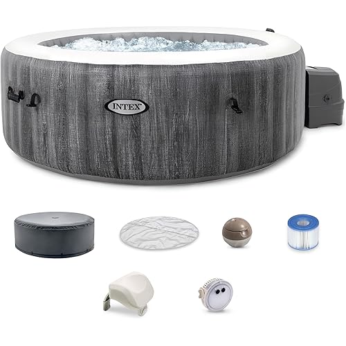 INTEX 28439EP PureSpa Greywood Deluxe Inflatable Spa Set: Includes Energy Efficient Cover – Spa Control App – Wireless Control Panel – 4 Person Capacity – 77" x 28"