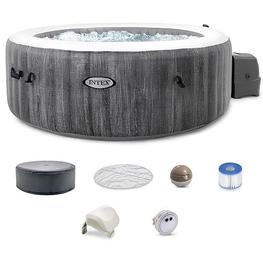 INTEX 28439EP PureSpa Greywood Deluxe Inflatable Spa Set: Includes Energy Efficient Cover – Spa Control App – Wireless Control Panel – 4 Person Capacity – 77" x 28"