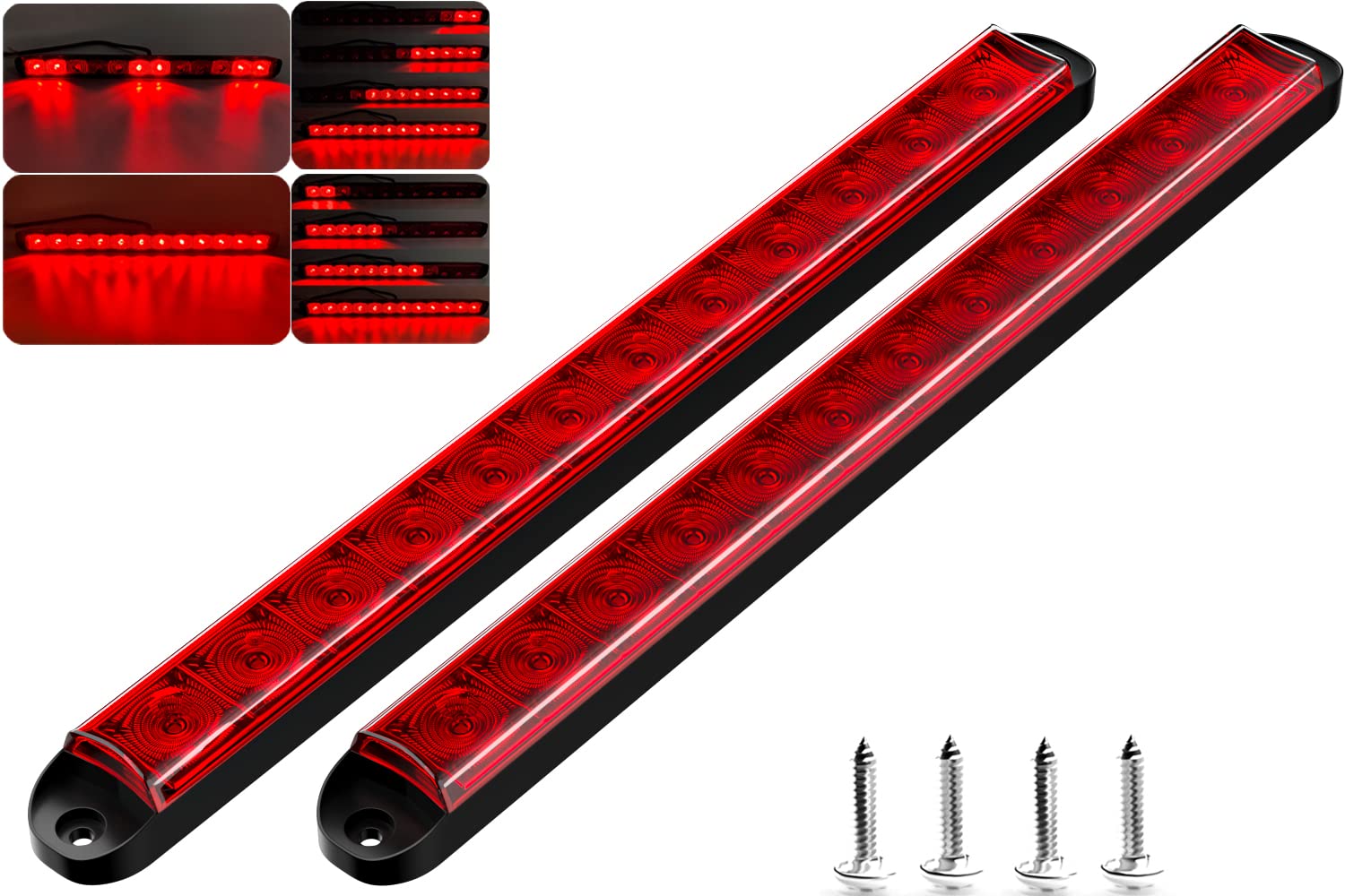 BJZ 16'' Trailer LED Lights Bar Red 12LED Brake Stop ID Left Right Turn Signal Light Tail Marker Rear Identification Light Strip Waterproof Led Lamp for 80'' Truck Trailer Bus Van RV ATV Offroad, 2Pcs