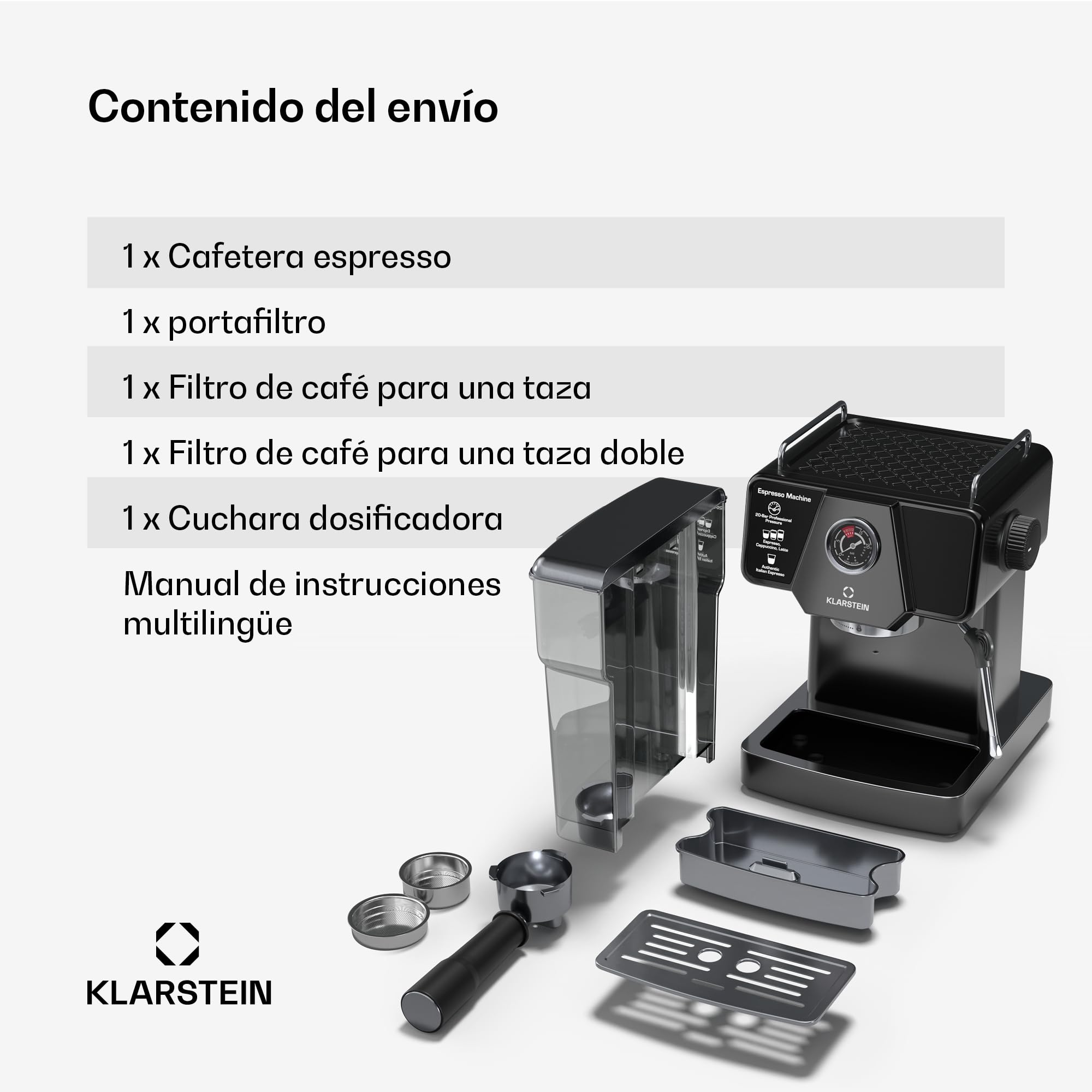 KLARSTEIN Libeica Cafetera Espresso – 19 Bares, 1350W, Acero Inoxidable, Boquilla de Vapor, Depósito 1,8L, Panel Táctil, Para Café Molido y Exprés, Diseño Elegante