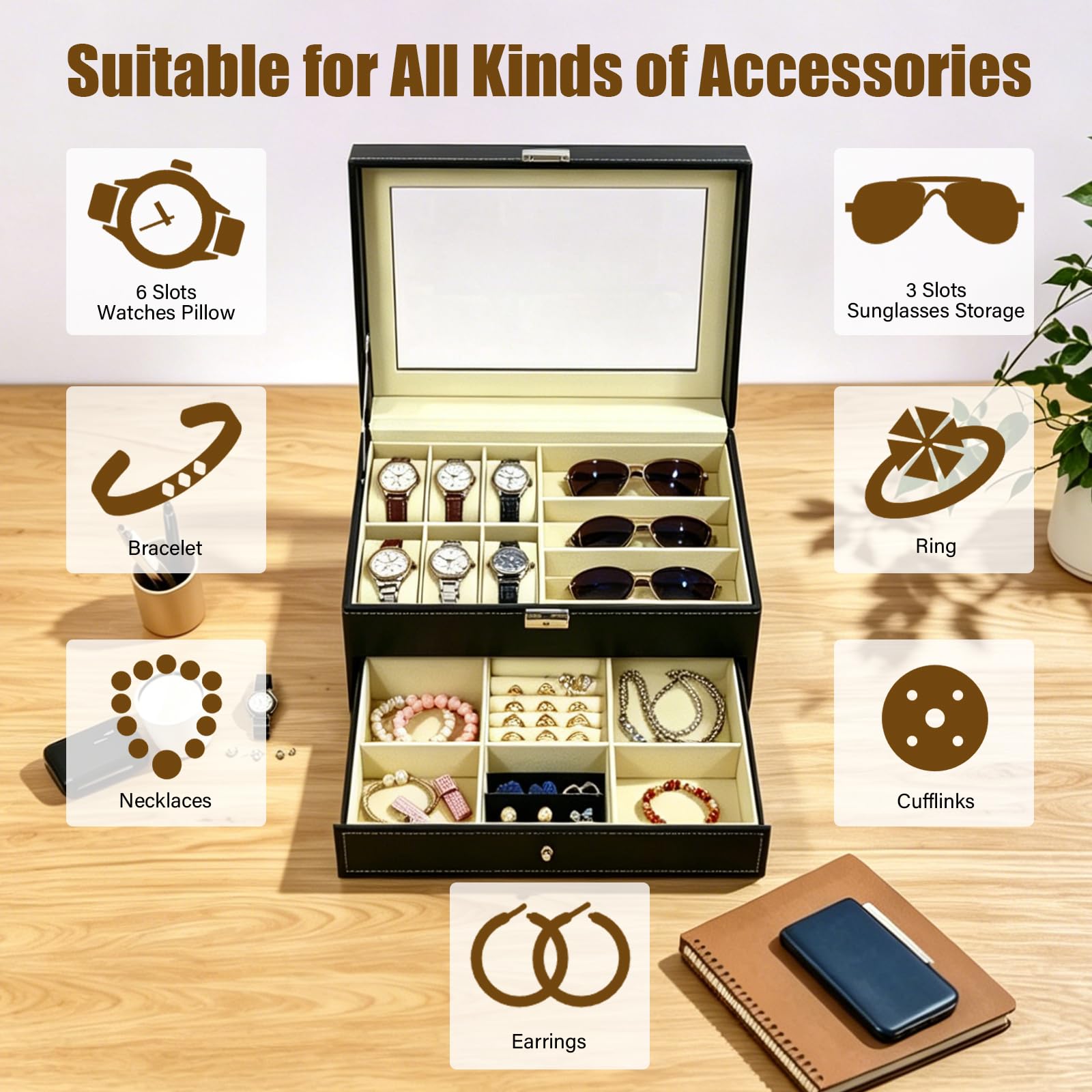 Boîte à Bijoux pour Montres, 6 Emplacements pour Montres et 3 Emplacements