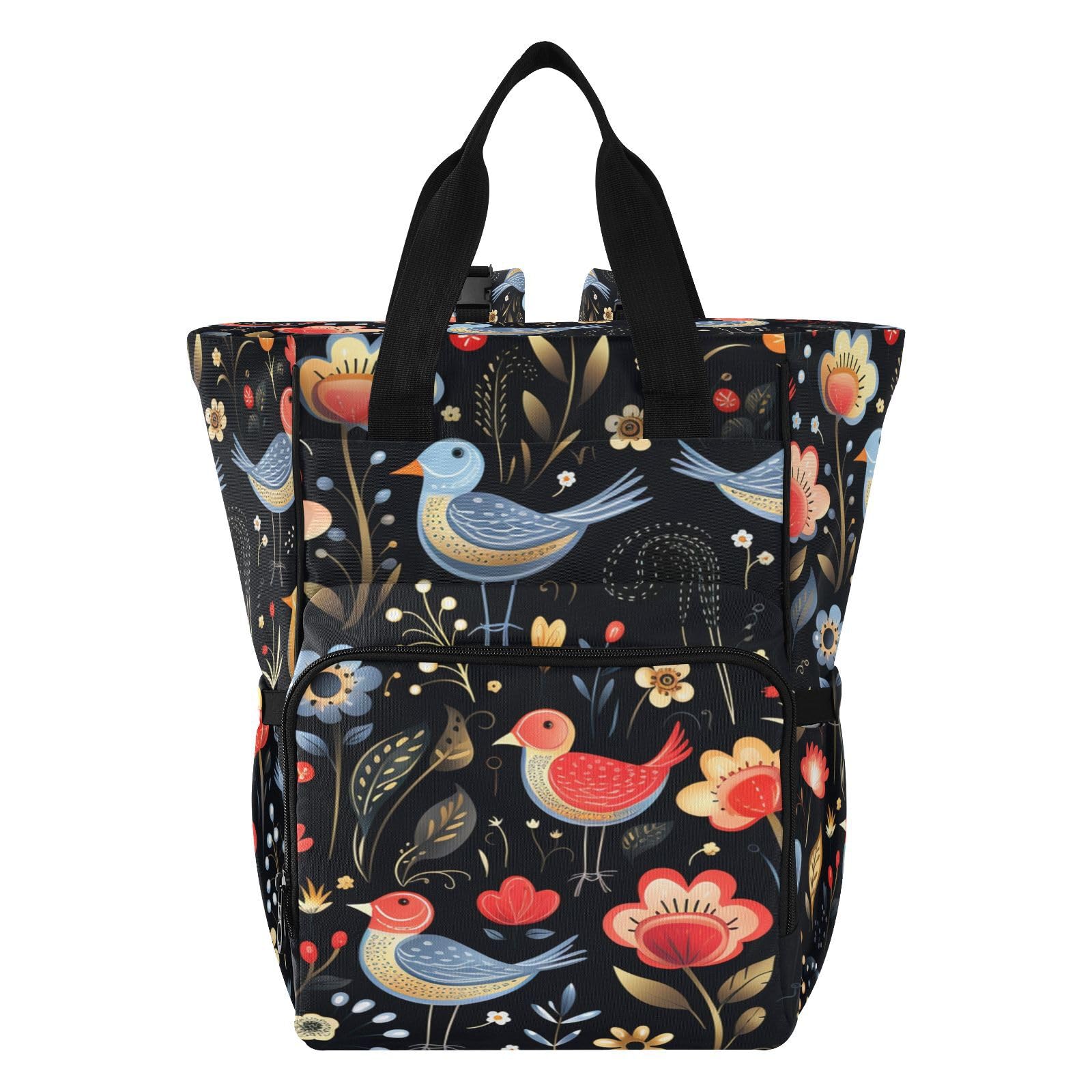 Flor Negro Arte PáJaros Mochilas de Pañales para Gran Capacidad Pañal Bolso Mochila para Viajar al Aire Libre Mamá y Papá