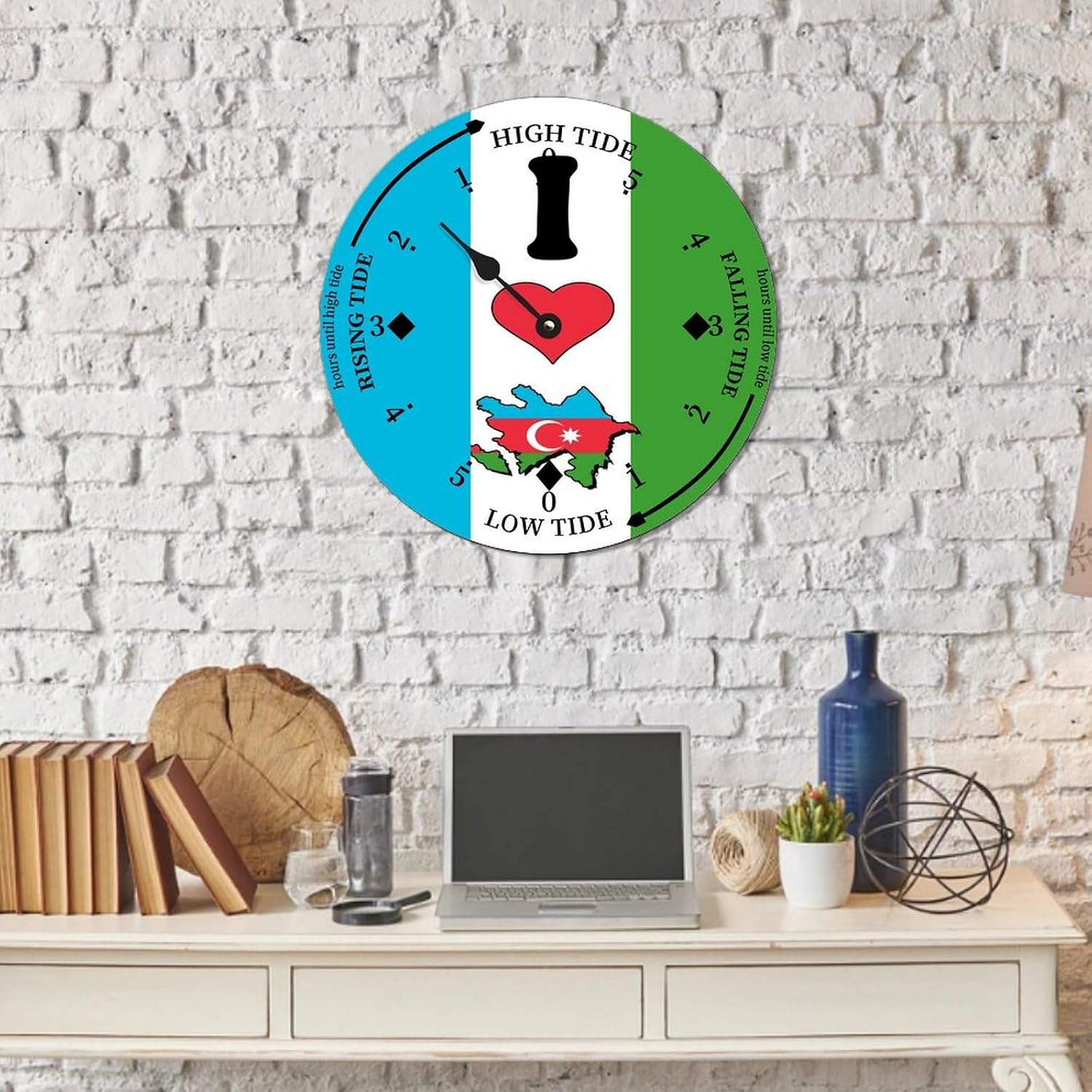 I Love My Country,Azerbaijan Tide Clock Azerbaijan National Flag Wood Tidal Clock with High Tide Low Tide Battery Operated Clock 15x15 in Wall Hanging Tide Movement Clock for Beach House Cottage