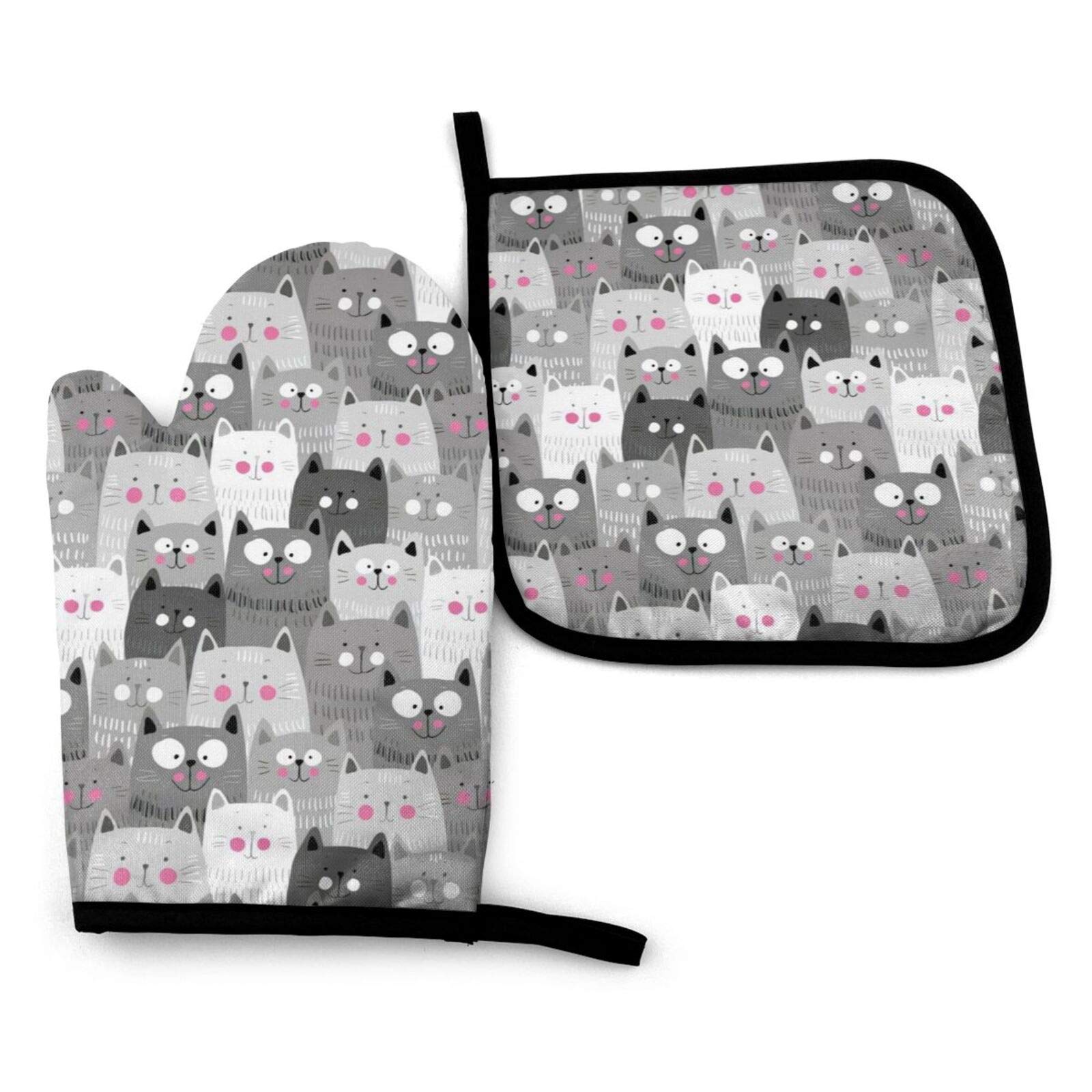 MSGUIDE Cute Cartoon Cats Print Oven Mitts Pot Holders Set, Heat Resistant Kitchen Waterproof with Inner Cotton Layer for Cooking BBQ Baking