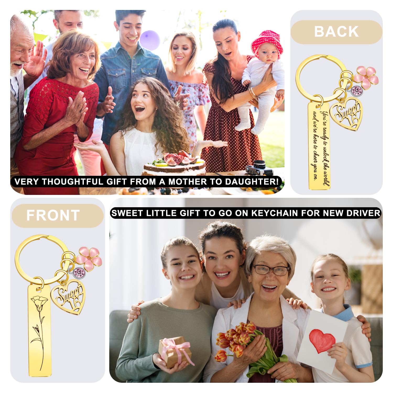 Sweet Sixteen Gifts for Girls - 16th Birthday - 16 Year Old Teen Girl Valentine's Day Gifts from Mom Dad Grandpa Grandma Aunt, Double-Sided Engraved Stainless Steel Gold Keychain