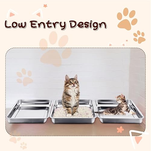 Miniatura 7 de Mifoci 3 cajas de arena de acero inoxidable para gatos, caja de arena de metal para gatitos, control de olores, fácil de limpiar, caja de arena de
