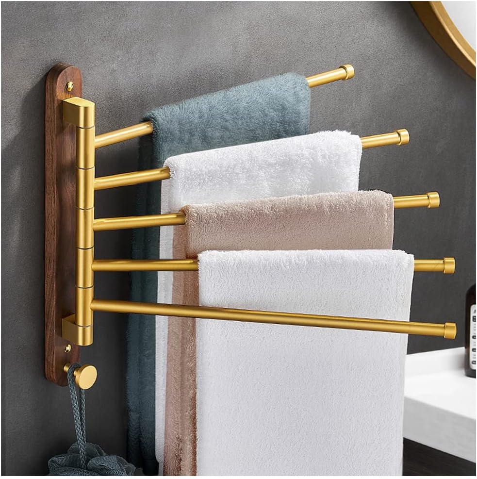 FAMMIX Wood Swing Out Towel Bar, Gold Folding Arm Swivel Hanger Bathroom Storage Organizer Rustproof Wall Mount,Swivel Towel Rack, Hand Towel Holder for Shower Room 4Bars