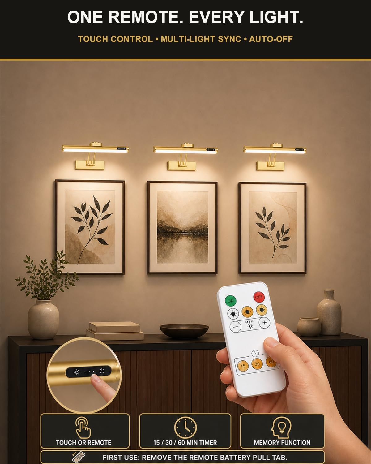 Lampe magnétique sans fil rechargeable à piles avec télécommande/commande tactile/minuteur, angle réglable de 40,6 cm, 3 couleurs à intensité variable, lumière d'art pour affichage, mur, galerie, doré