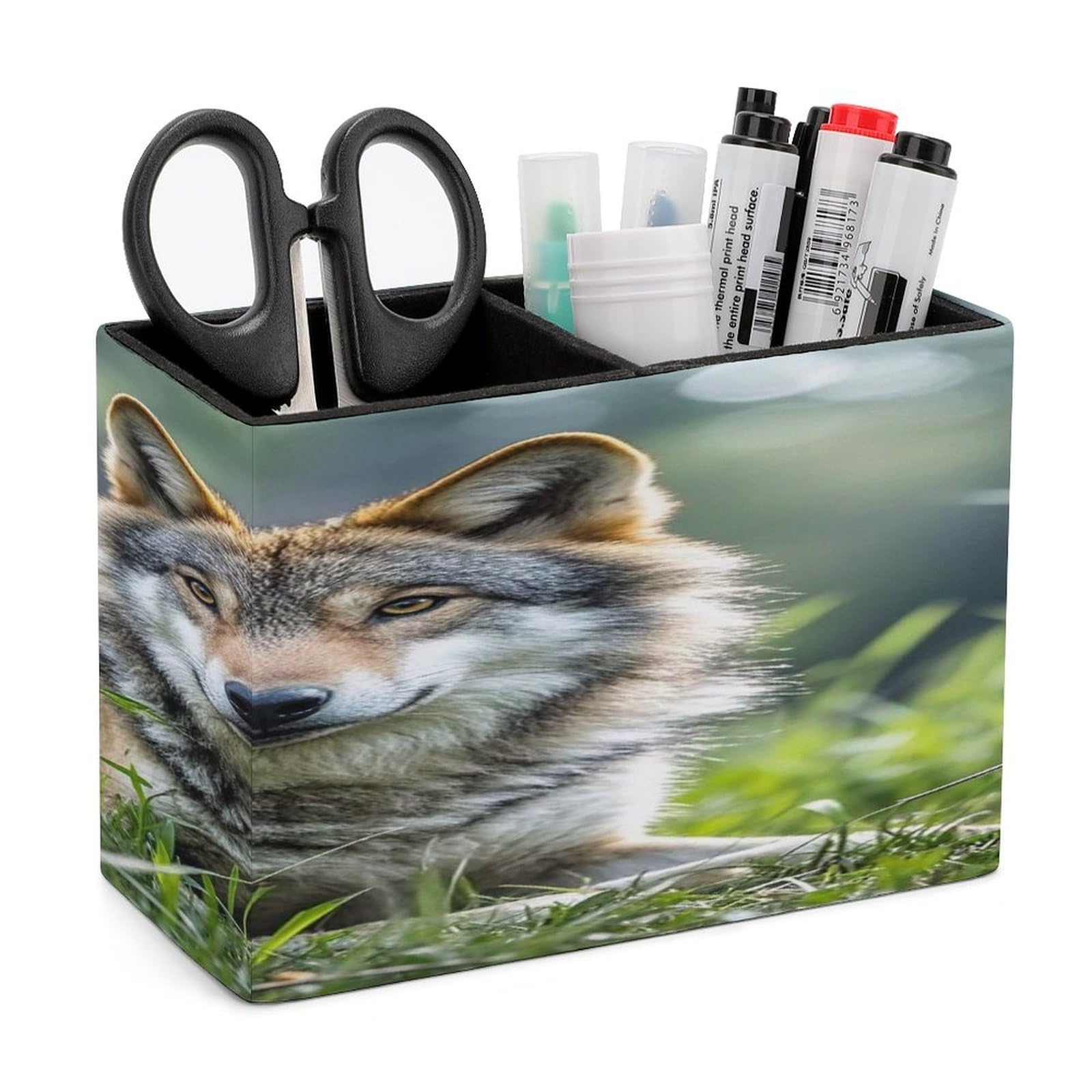 LZQPOEAS Wolf On The Grass Leather Pen Holder with 2 Compartments Luxury Pencil Holder Minimalist Pencil Cup Brush Scissor Holders Elegant Pen Cup for Office Home Desk Accessories
