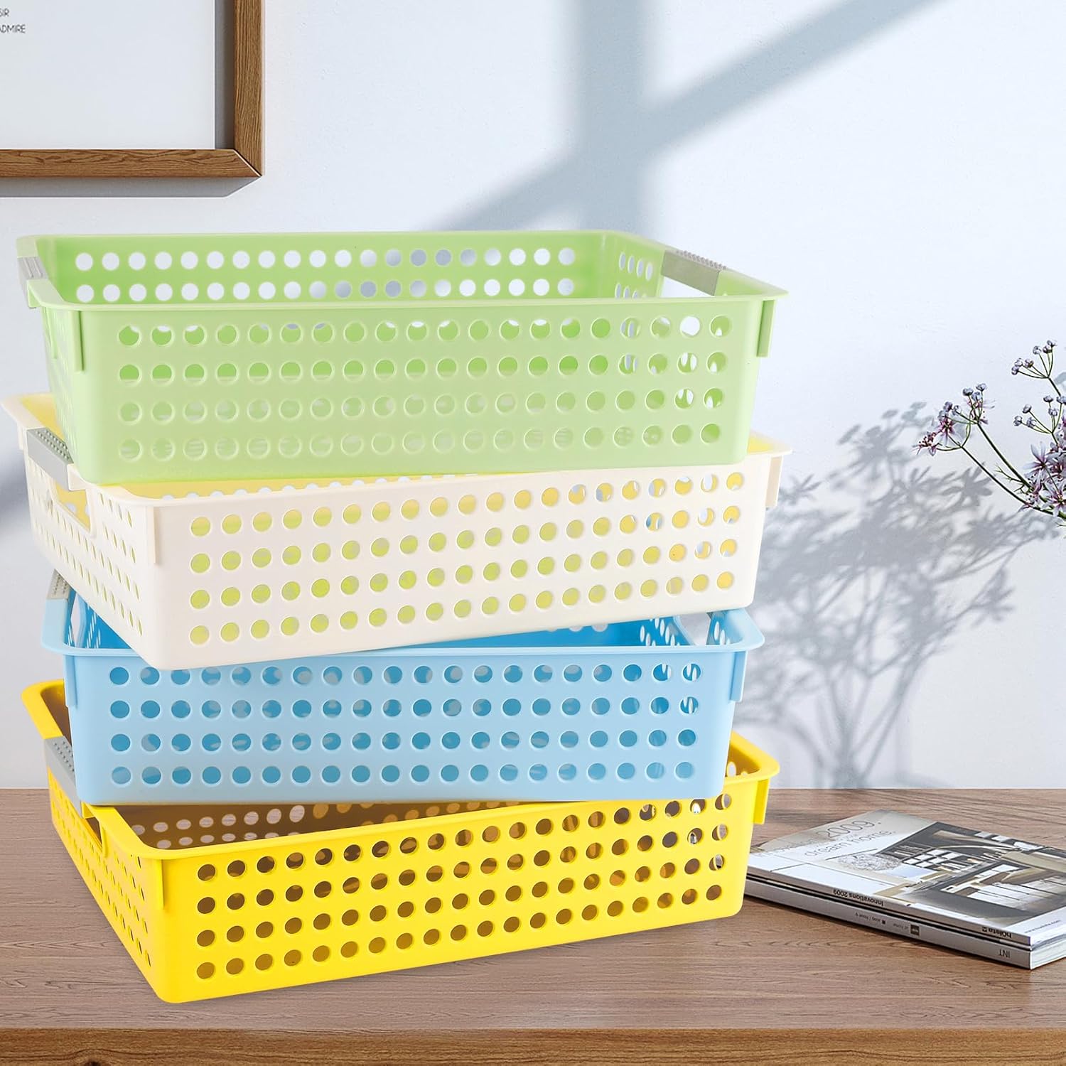 4 Pack Turn in Trays Classroom, Plastic Desktop Paper Storage Baskets with Handles, Colorful Paper Organizer Baskets for Library, Office, Home (4 Colors-B)