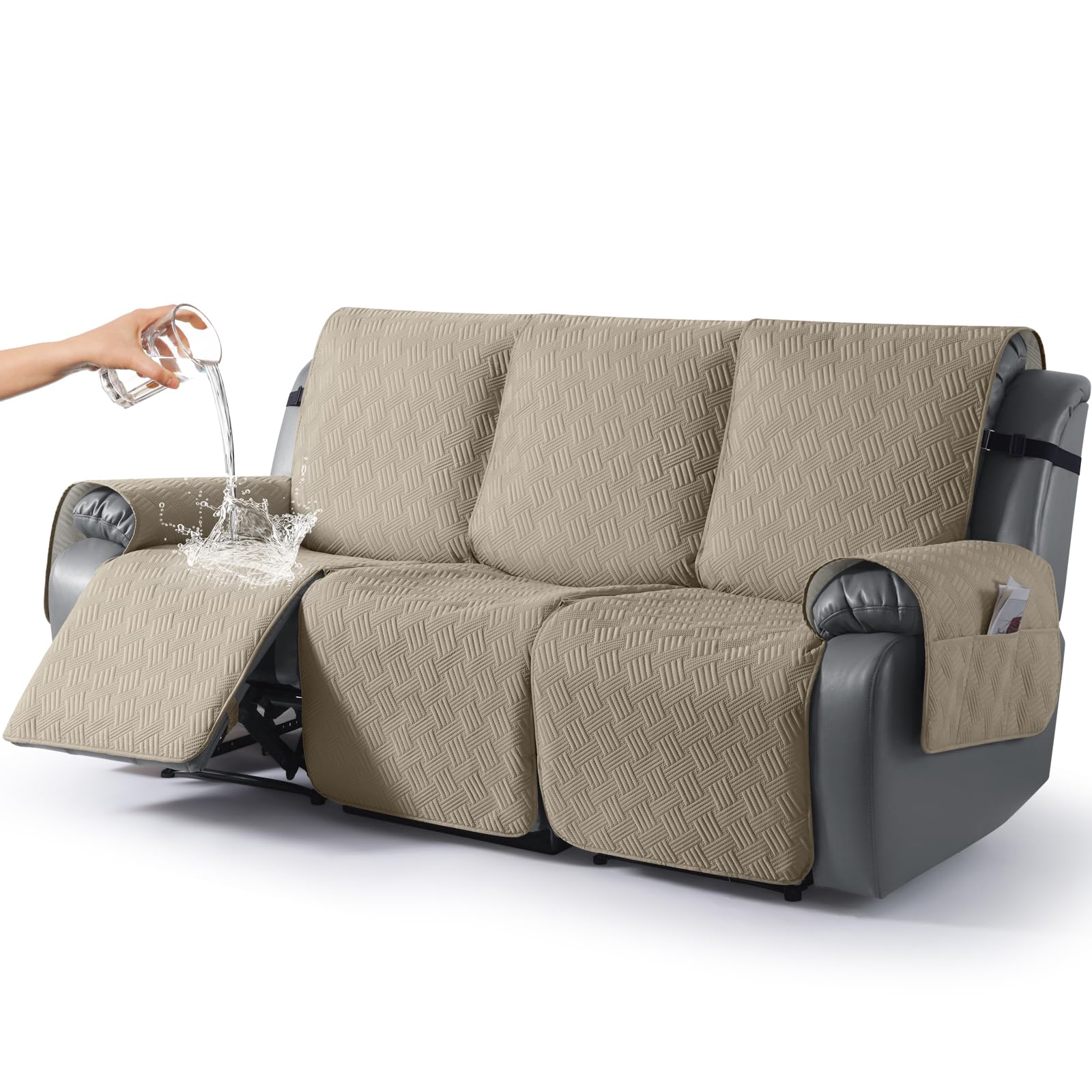 KinCam Waterproof Recliner Chair Cover, Armchair Slipcover with Elastic Straps & Side Pocket, Anti Slip Couch Cover Sofa Protector for Dogs & Pets, Washable Armchair Cover 3 Seater, Taupe