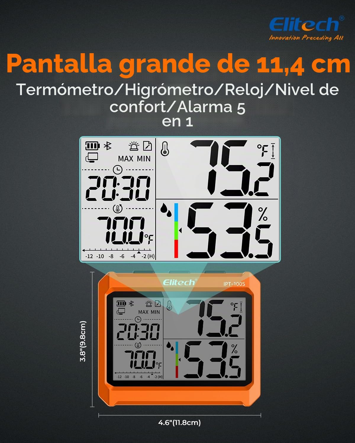 Elitech Termómetro Higrómetro Digital Bluetooth Refrigerador con Aplicación Monitor de Temperatura y Humedad en Tiempo Real con Pantalla de 4,5" Exportación de datos PDF&CSV Sonda Externa IPT-100S