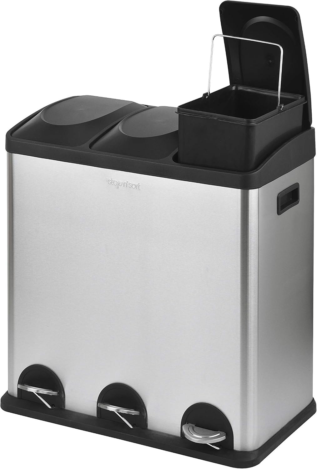 Step N Sort The 16-Gal. 3-Compartment Stainless Steel Trash and Recycling Bin