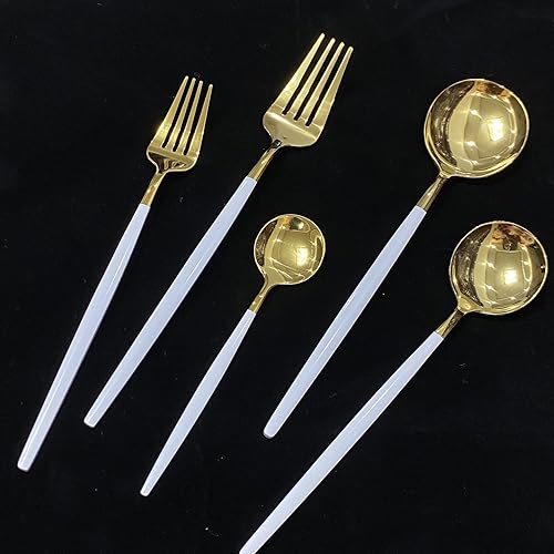 Miniatura 3 de Gugrida Cubiertos de oro blanco pulido brillante, diseño ligero, 36 piezas de acero inoxidable, juego de cubiertos para 6 incluyendo tenedores,