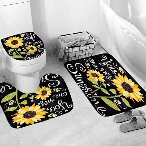 Miniatura 4 de AZHM Juego de cortina de ducha con diseño de girasol, juego de 4 piezas con cortina de ducha antideslizante, cubierta para tapa de inodoro y tapete