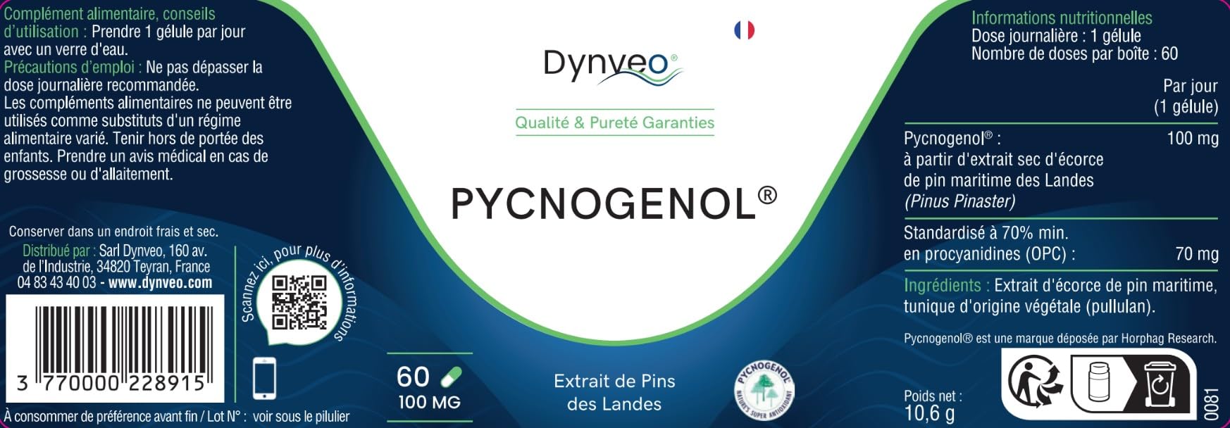 Pycnogenol - Antioxydant Cellulaire, Microcirculation & Peau - Extrait Pin Maritime des Landes - 100 mg - Titrage élevé 70% OPC - 60 Gélules (1 Gélule/Jour = 2 mois) - France - Dynveo