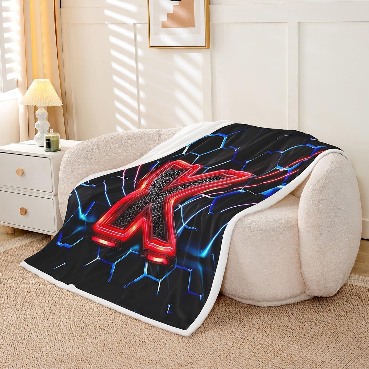 Manfei Geometric Honeycomb Kids Throw Blanket,Blue Neon Hexagon Abstract Bed Blanket for Boys Girls Man,Light Gaming Fashion Fleece Blanket,Red Black Fuzzy Blanket,40 x 50 Inches image 2