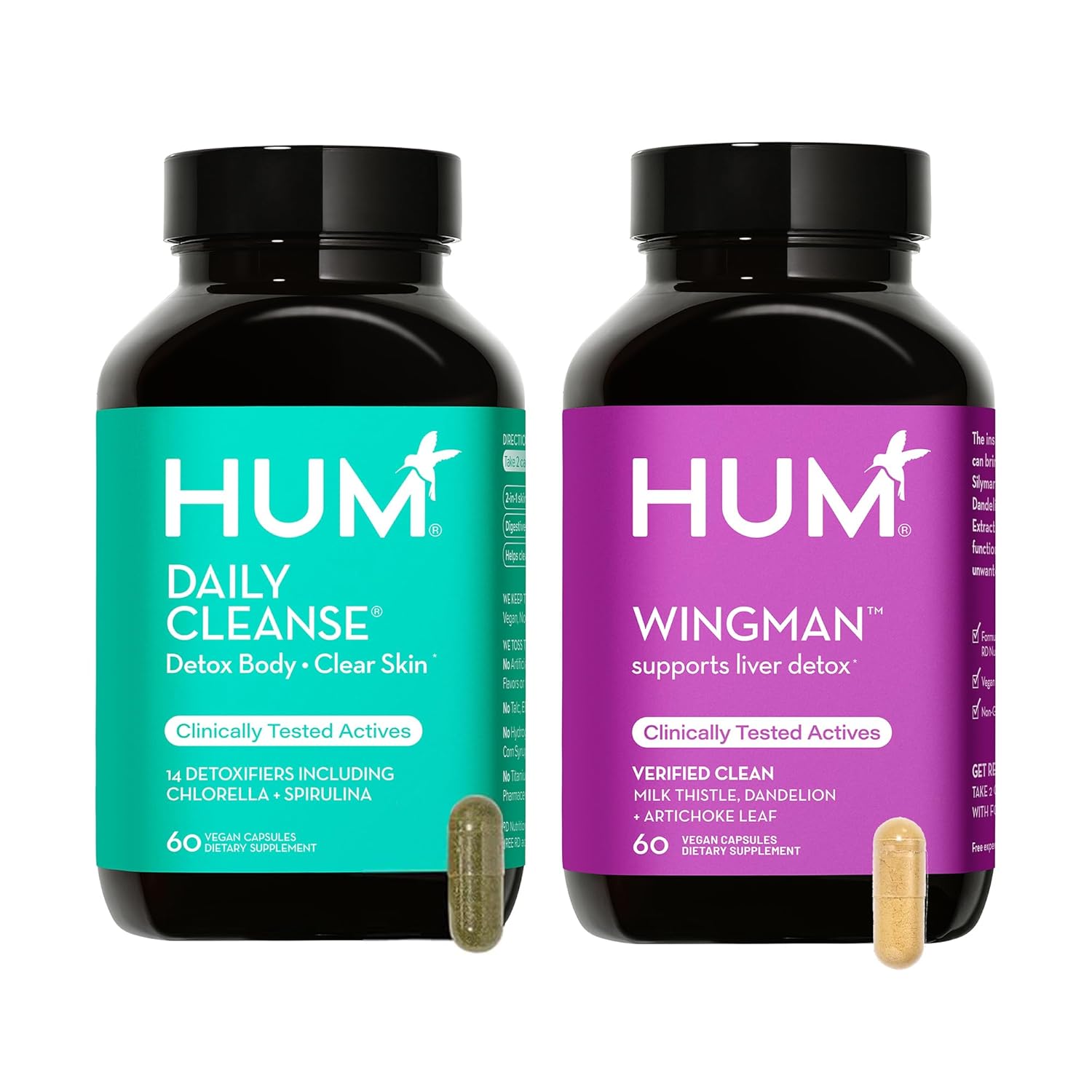 HUM Full Skin and Liver Health Supplement from Nutrition, Wingman and Daily Cleanse A Green Detox & Milk Thistle for Skin Care Support and Liver Health, 2 Pack Bundle, 60 Vegan Capsules