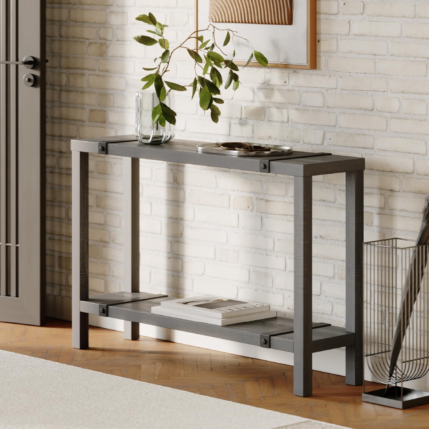 Modern Farmhouse Entryway Table - Skinny Console Table with Storage & Metal Details - Behind Couch Sofa Table - Small Hallway Table - Wood Entry Table - Industrial Farmhouse (Weathered Grey Finish)