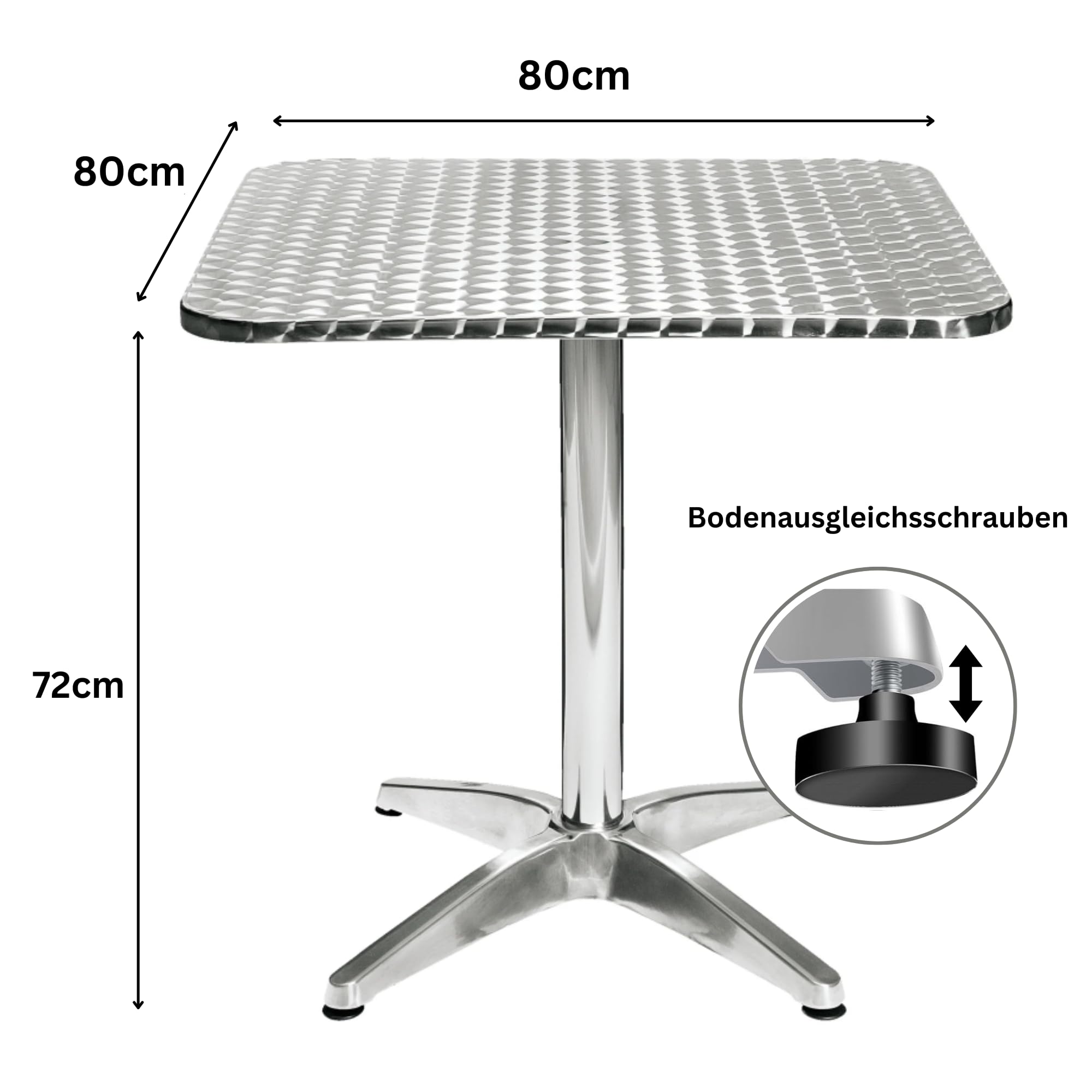 Hochwertiger Bistrotisch aus Aluminium, Eckiger Aluminiumtisch Wetterfest für Garten, Balkon und Terrassen – T80 x B80 x H72cm / Pflegeleichter Gartentisch mit Standfüßen –Silber glänzend Tischplatte