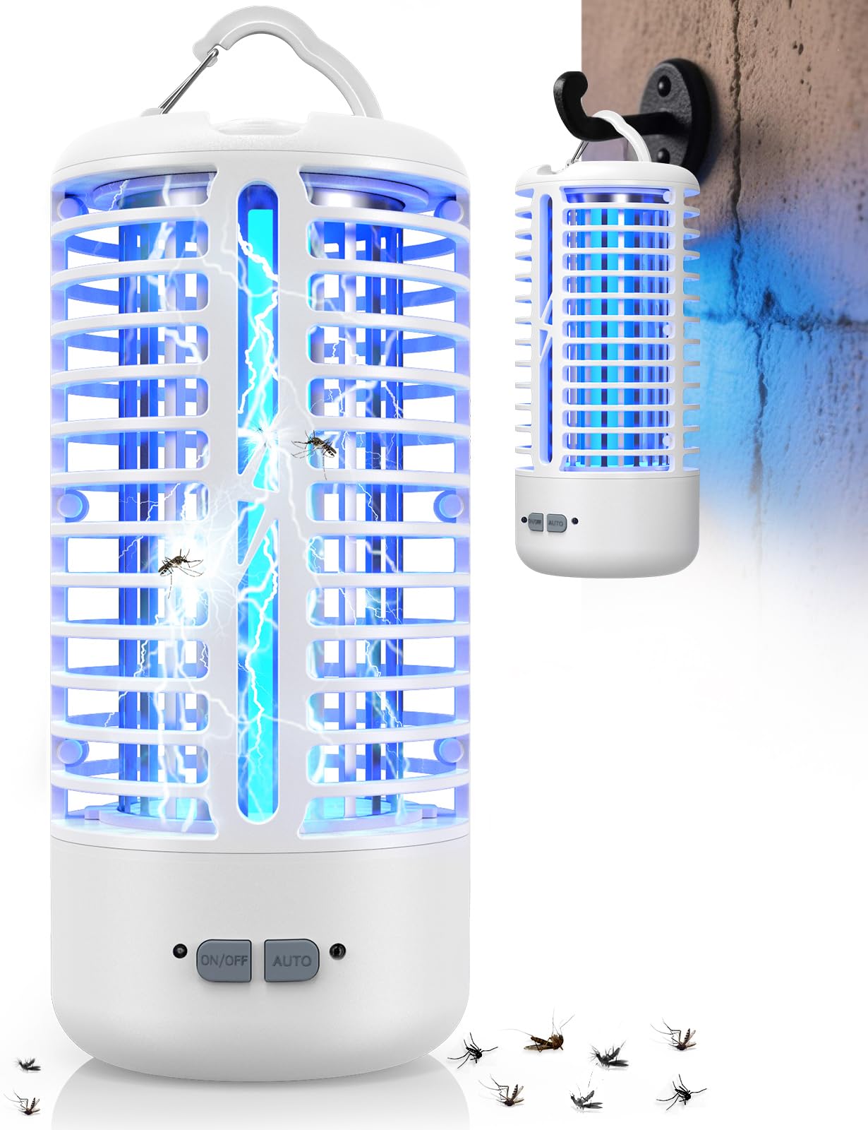 Mückenlampe, Mückenschutz, Anti Mücken Lampe, Insektenvernichter Elektrisch, Wiederaufladbare LED-Lampe, 3000V UV Elektrische Fliegenfalle, IPX4 Wasserdichter für Innen & Außen (Weiß)