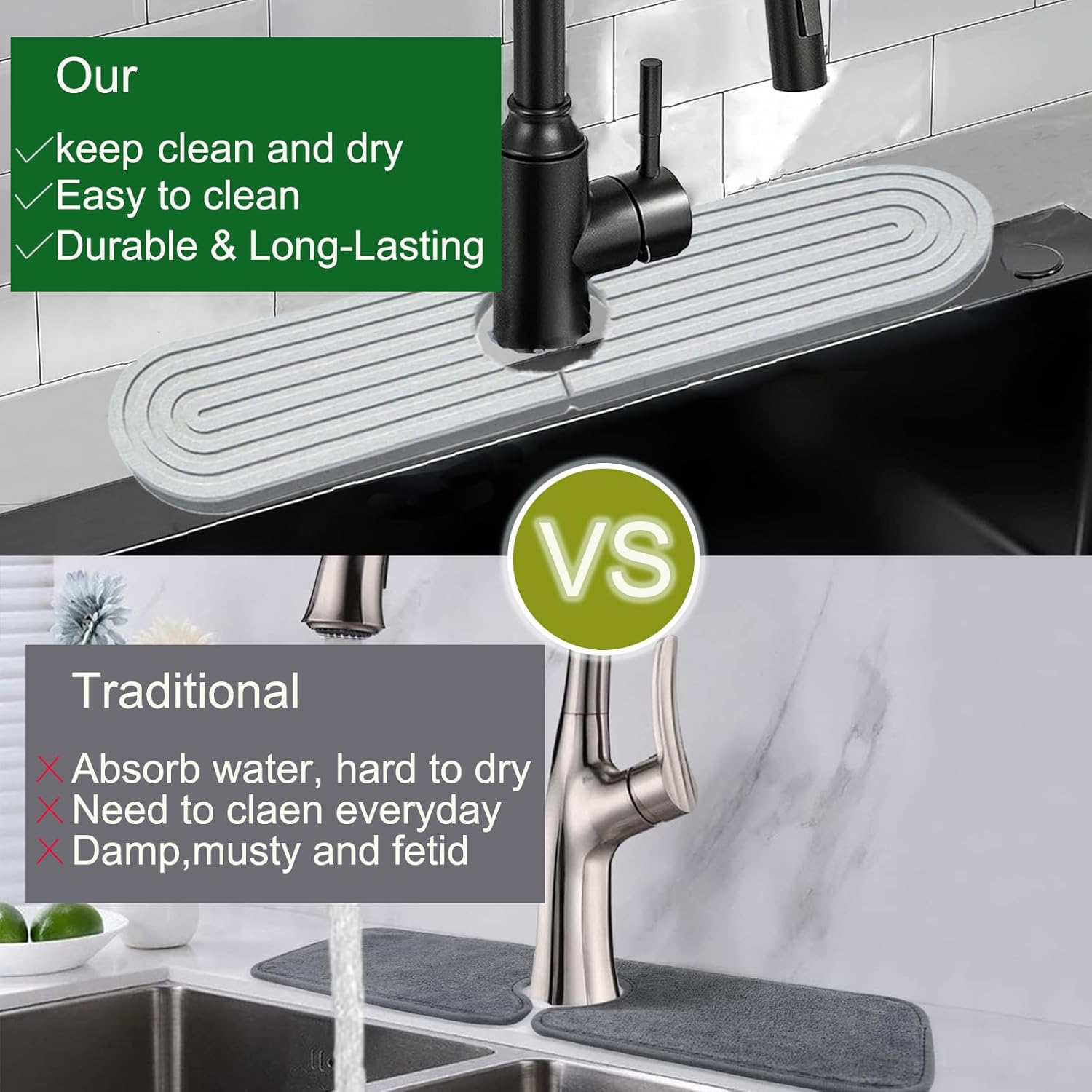 Kitchen Faucet Splash Guard, Diatomite Stone Drying Mat For Kitchen Counter,Faucet Absorbent Mat for Bathroom Counter(Light Grey,17.69" x 3.93")