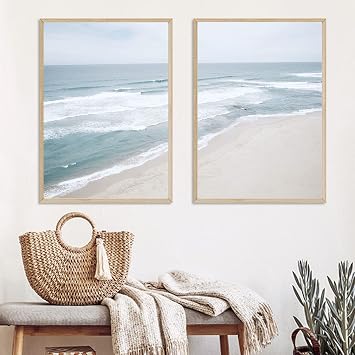 Seascape Canvas Painting Light Blue Sea Beach Abstract Ocean Wave Wall Art Ocean Sea Beach Picture Canvas Print Modern Beach Artwork for Home Walls Coastal Light Blue Living Room 16x24inx2pcs No Frame