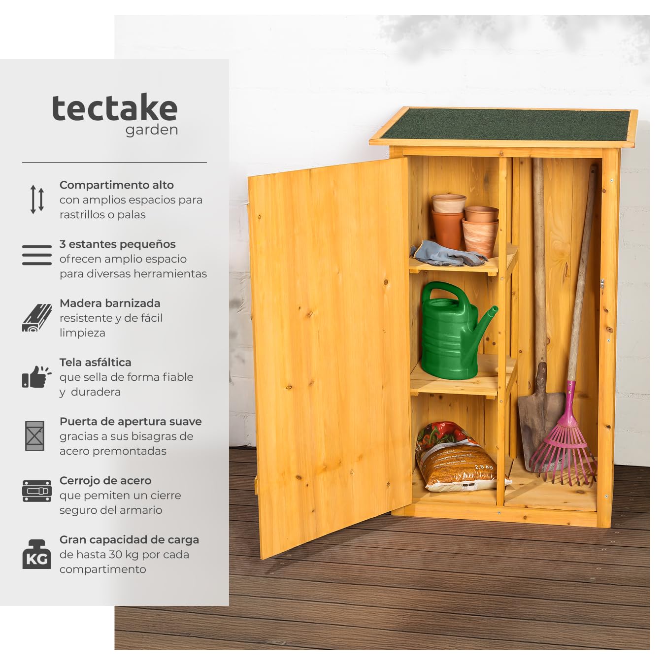 tectake® Caseta Jardín Exterior de Madera Impregnada, Impermeable, Armario Con 2 Estantes y Puerta Doble, Cobertizo, Amplio