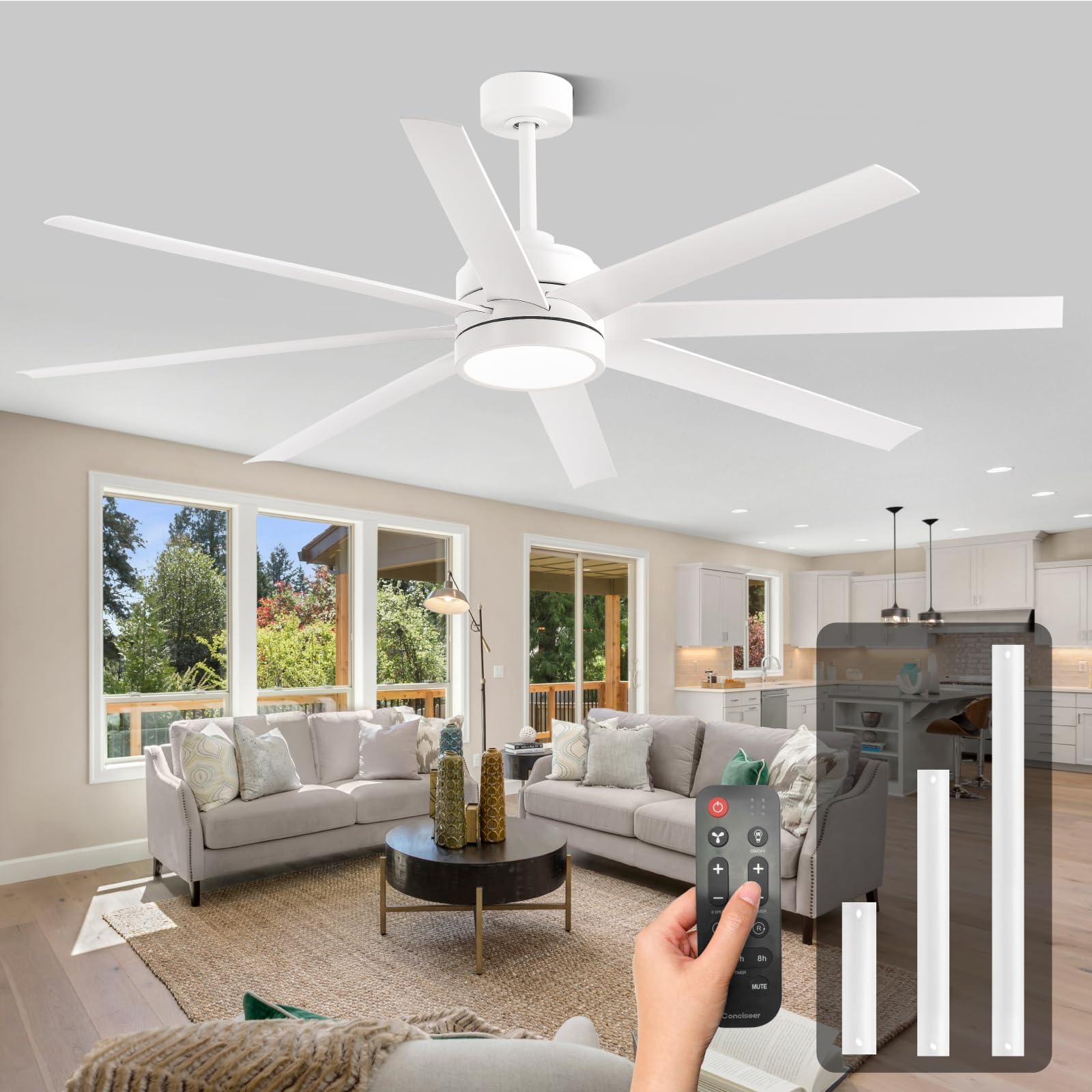 Conciseer Modern Ceiling Fans with Lights, 65 Inch Ceiling Fan with Light and Remote for Living Room Kitchen Office, Indoor/Outdoor Use, 24W 3CCT 8 Blades 6 Speed Reversible Quiet DC Motor, White