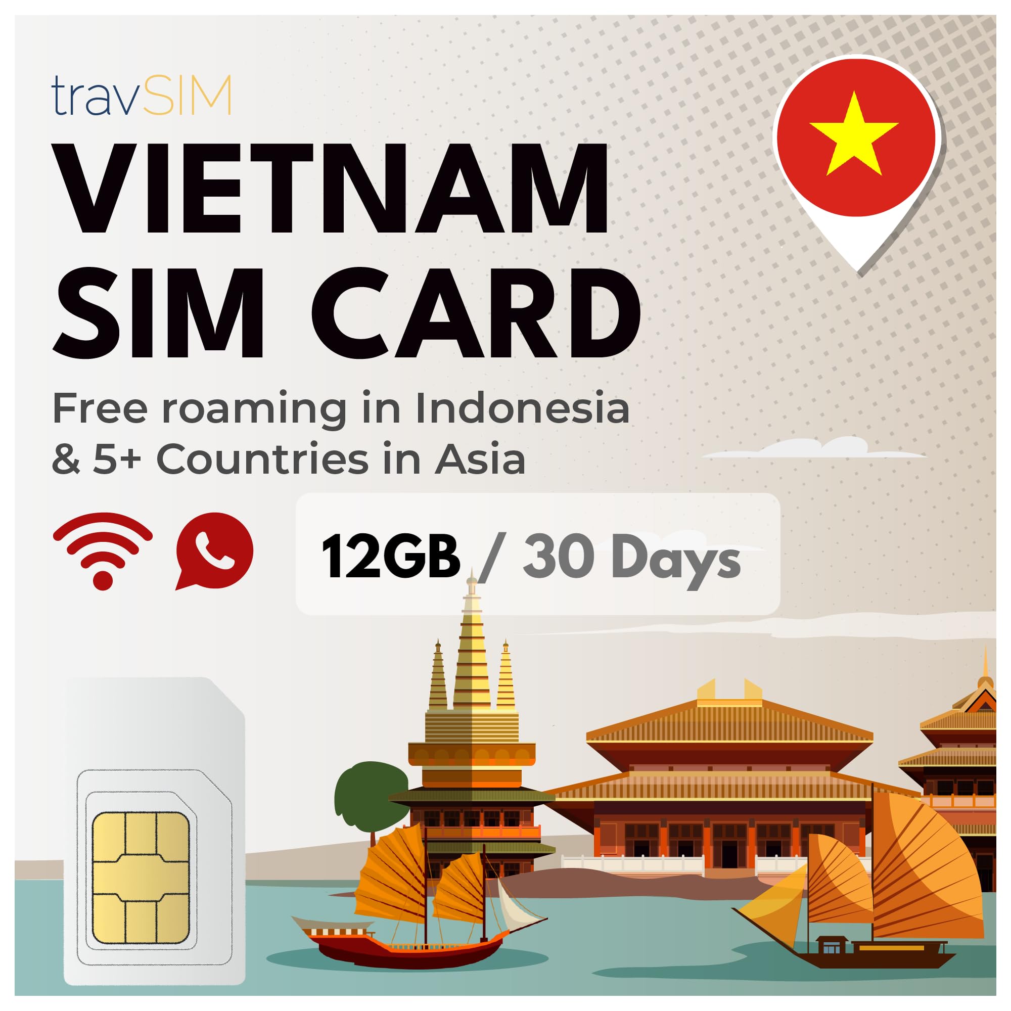 travSIM Karta SIM Wietnam | 12 GB danych mobilnych z prędkością 4G/5G | Roaming w ponad 5 krajach azjatyckich | Plan karty SIM w Wietnamie ważny przez 30 dni