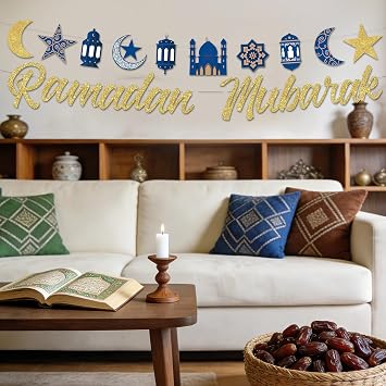Ramadan Banner, Ramadan Mubarak Banner, Ramadans Bunting Decorations with Blue and Gold Stars Moon Lantern Ramadans Eid Mubarak Bunting for Islamic Muslim Party Supplies Decorate