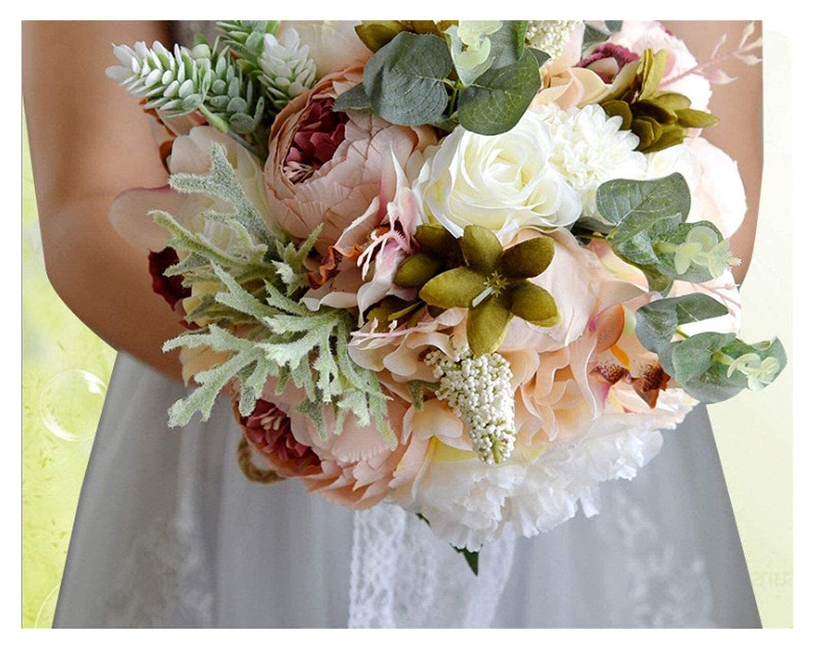 Bouquet da Sposa Romantico Fatto a Mano, Fiori Artificiali Color Champagne, Pizzo, Stile Rustico, per Contenere i Bouquet.
