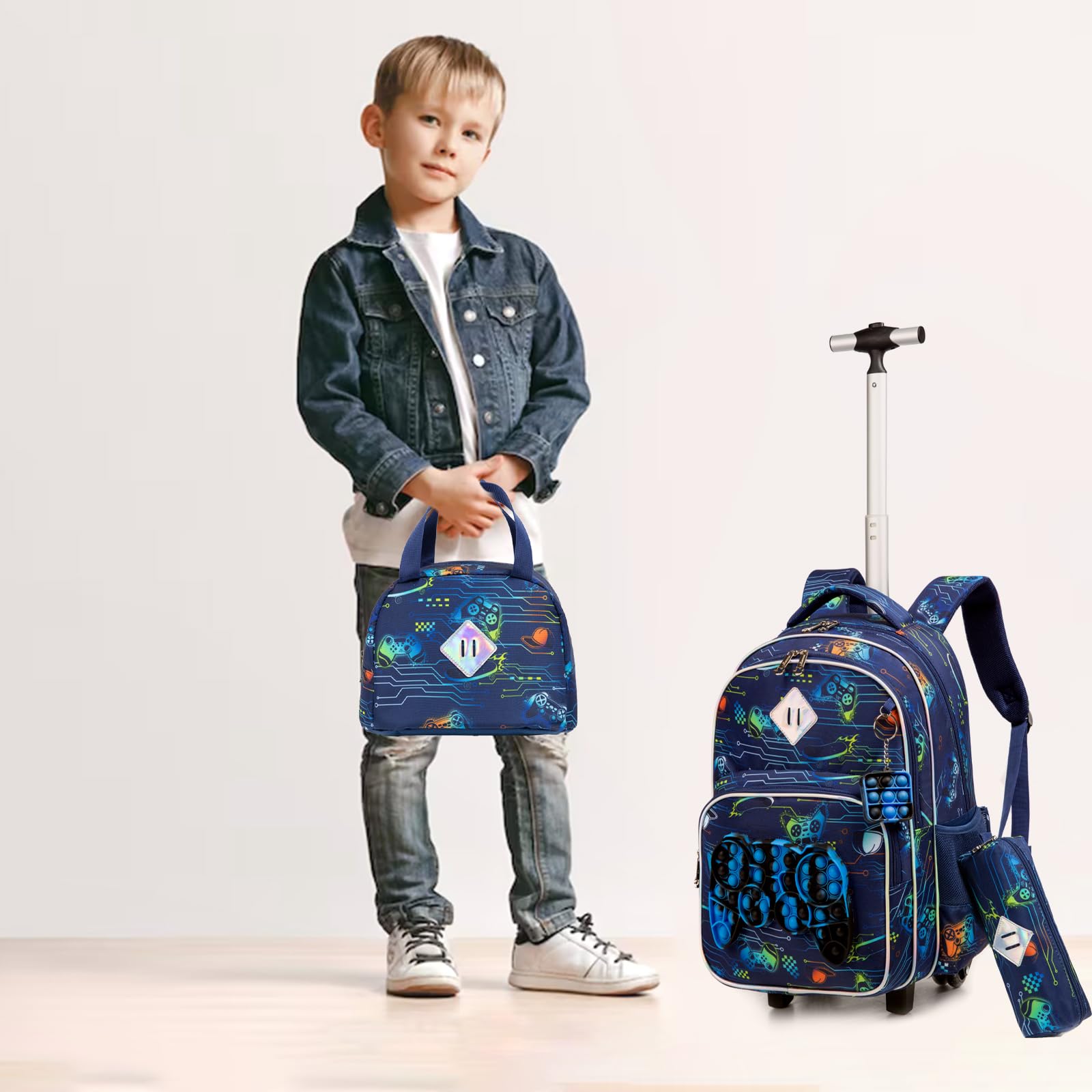 Kinder Rolling Gamepad Rucksack für Jungen Gepäck Koffer mit Rädern Trolley gerollt POP Roller Rucksäcke für Elementary Travel School Bags 17“ 3PCS Spielzeug Rucksack mit Lunch-Box Blau
