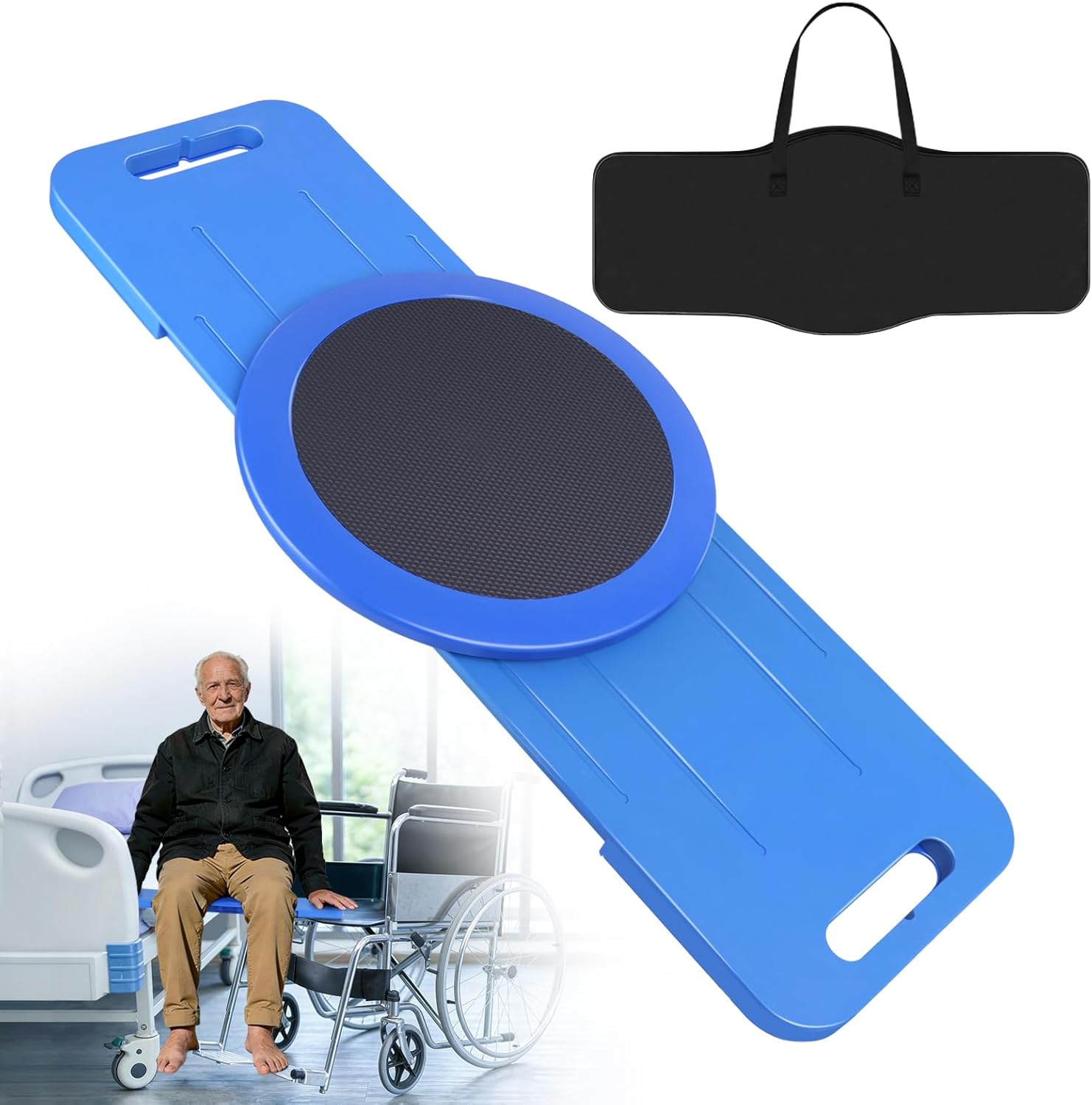 LOSCHEN Slide Transfer Board with Turntable, Slide Assist Device for Transferring or Seniors from Wheelchair to Bed, Toilet, Tub, Car - Slide Board with Turntable（Blue 29.5inch）