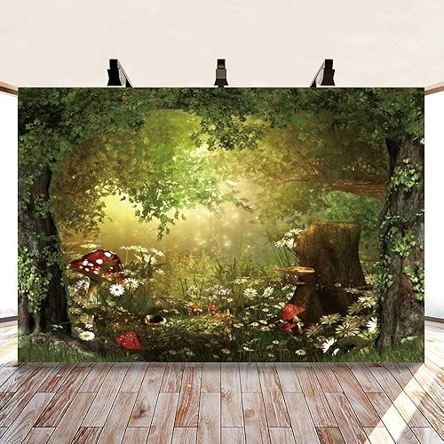 Miniatura 6 de Telones de fondo de vinilo para fotografía de cuento de hadas del bosque del país de las maravillas de 5 x 3 pies, árboles verdes, flores