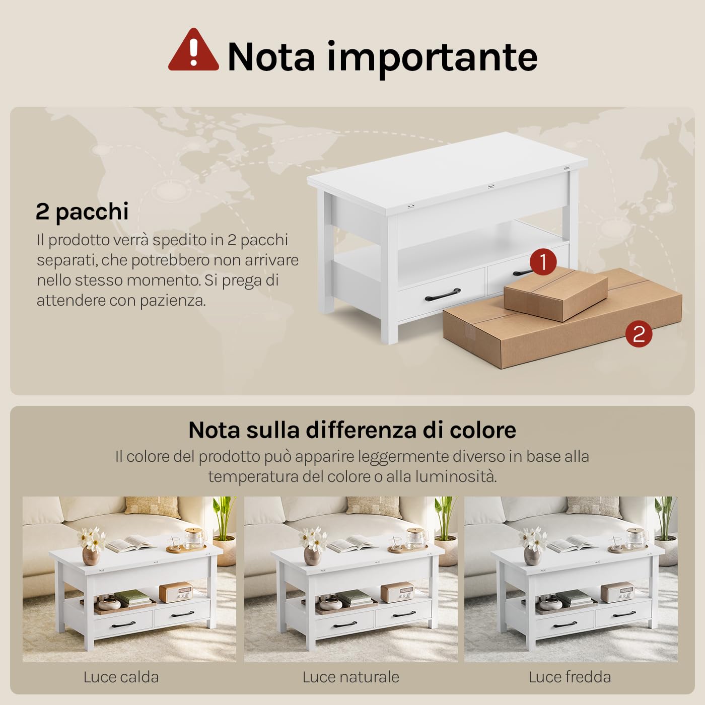 WOLTU Tavolino da Caffè Sollevabile con Spazio Nascosto, Scomparto Aperto e 2 Cassetti, Tavolo Salotto Estensibile Multifunzione per Soggiorno e Studio, Bianco