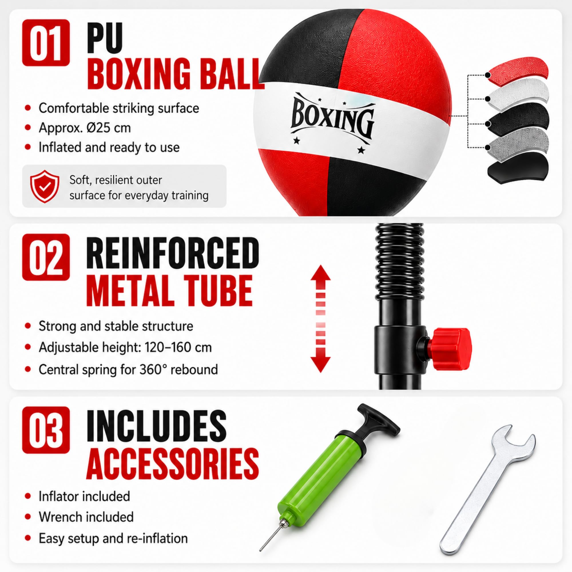 Ballon de Boxe avec Hauteur Réglable, Sac de Frappe Vertical, Base à Ventouses, Pompe et Tournevis Inclus