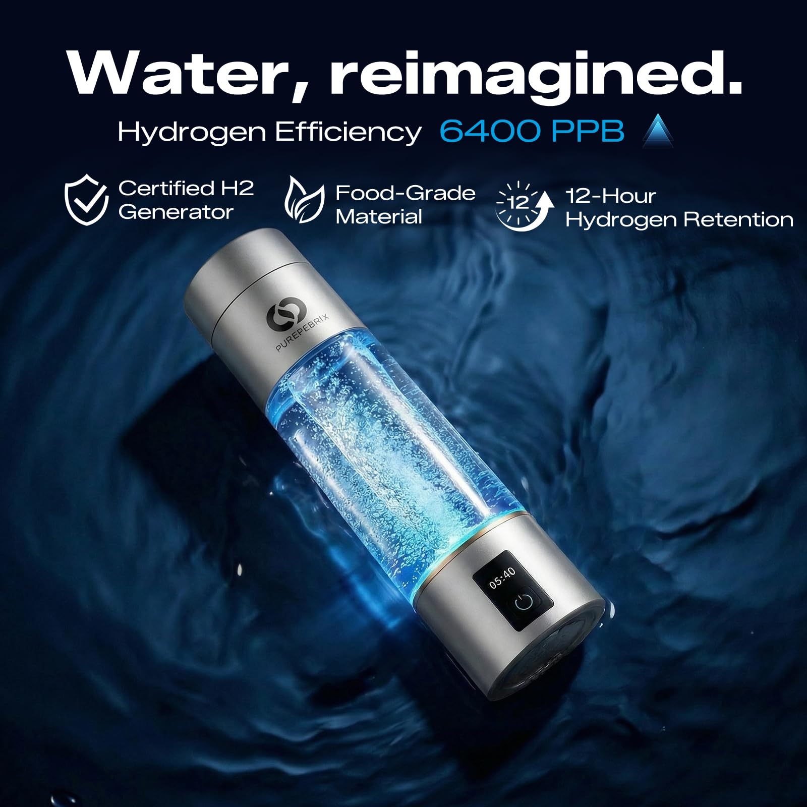 PUREPEBRIX Generador de botellas de agua de hidrógeno (plateado) - Hasta 6360 PPB - Generador H2 certificado - Tecnología SPE/PEM - - Sistema portátil de hidratación y rendimiento atlético