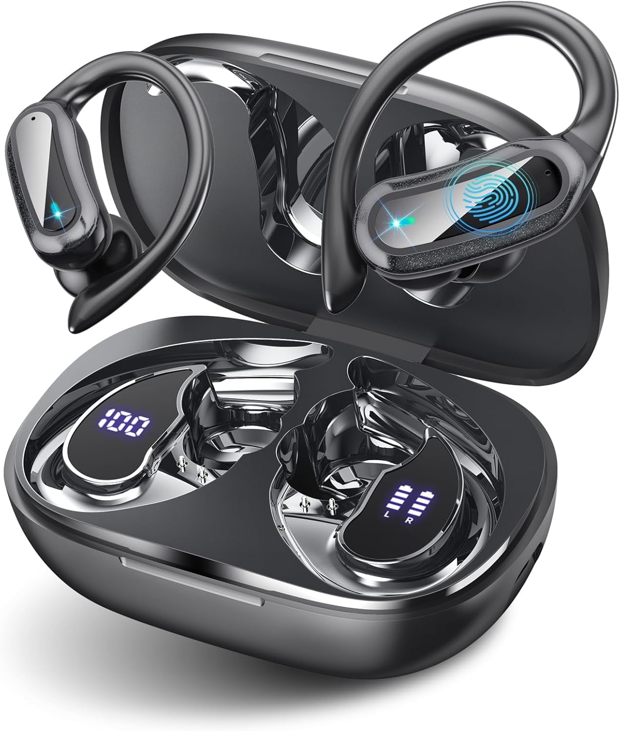 Photo 1 of Wireless Earbuds Bluetooth Headphones, 54H Playtime Full Stereo Over Ear Buds with ENC Noise Cancelling, LED Power Display, IPX7 Waterproof Sport Earphones wih Earhooks for Running/Workouts (Black)