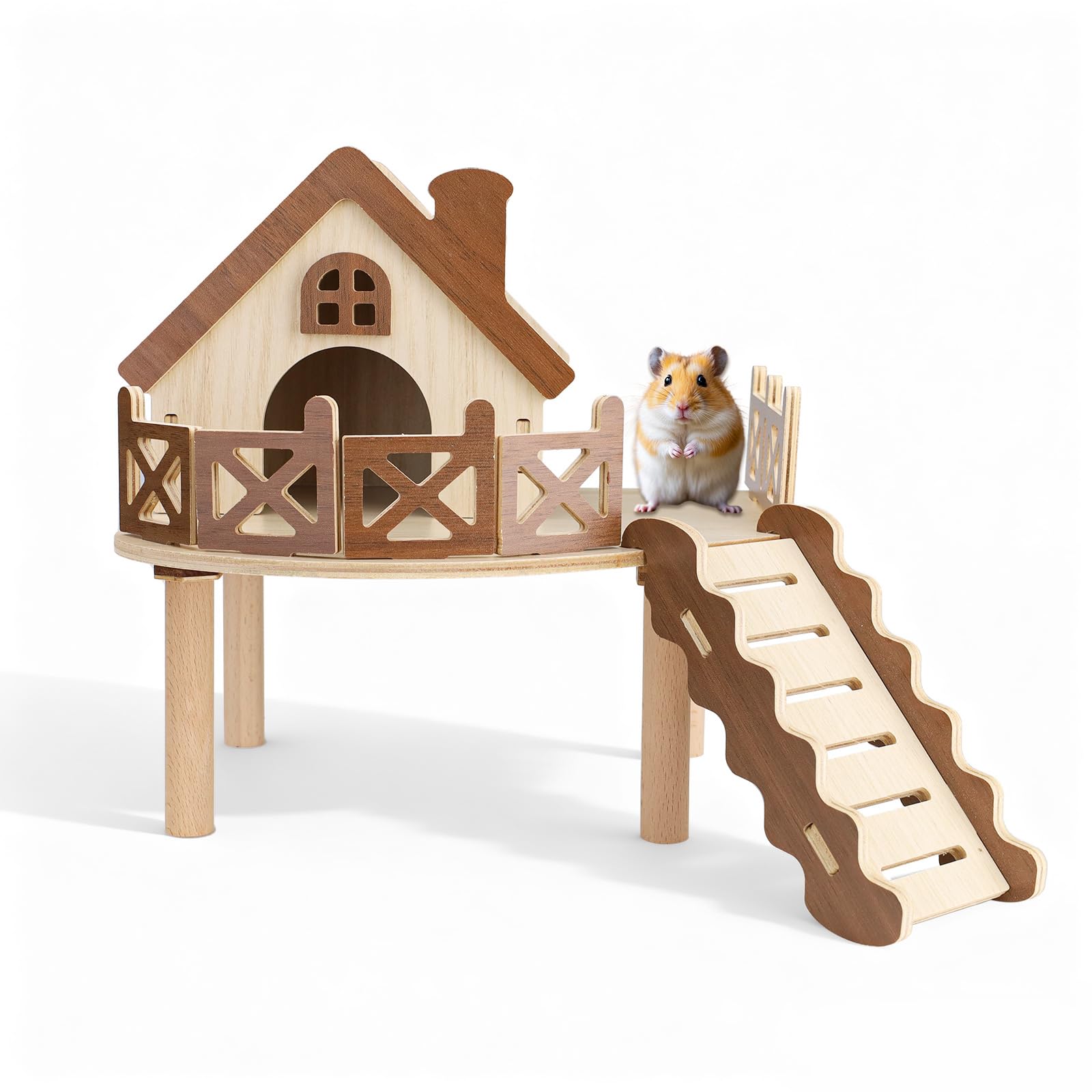 Wooden Hamster Platform, Natural Wood Small Animal Cage Platform with Ramp & Ladder for Hamsters Gerbils Mice, Hideout for Climbing Enrichment, Syrian Dwarf Hamster Castle Cage Accessories (Large)