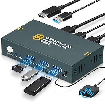 GREATHTEK USB 3.0 KVM Switch HDMI 2 Port 4K@60Hz, 2 PC 1 Monitor, 3 USB3.0 Ports, HDMI2.0, HDCP2.2, EDID, Push Button Switch, Wired Remote & Button Switch