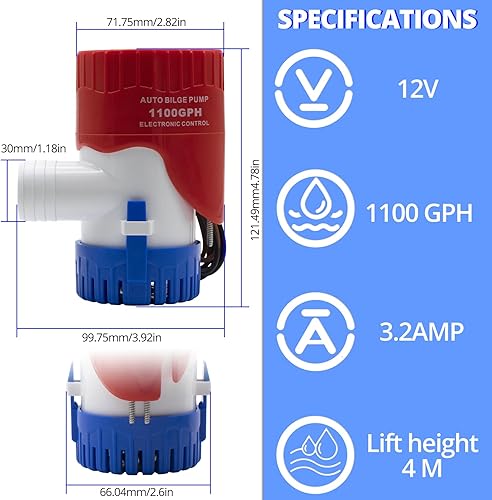 Miniatura 25 de Bomba de sentina automática para barco con interruptor de flotador, 12 V, 1100 GPH de bajo ruido, bombas de sentina automáticas de alta eficiencia