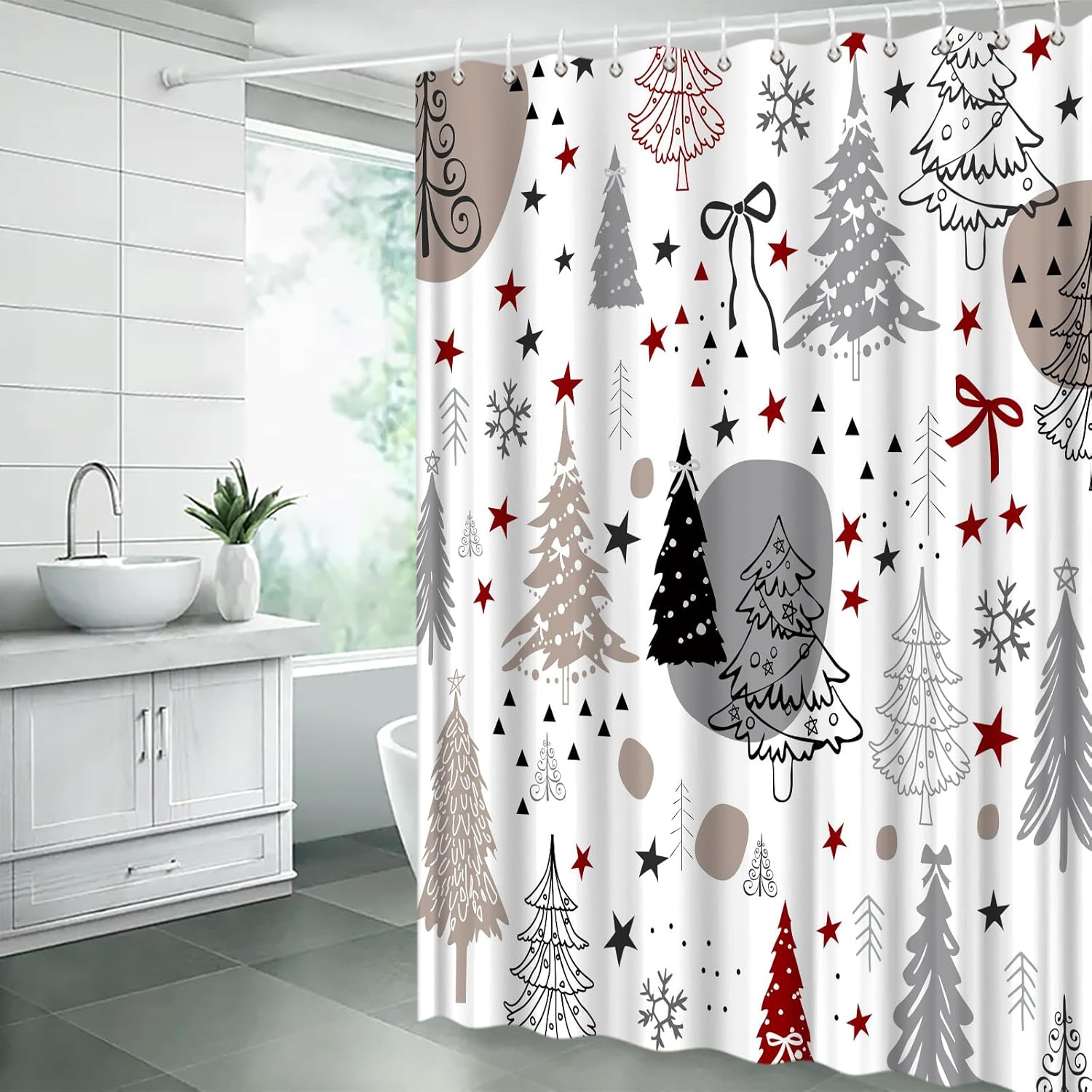Christmas Shower Curtain Gray Black Xmas Tree Cute Bow Stars Cartoon Rustic Winter Holiday 70" Wx96 H Bathroom Decor Curtain with Hooks