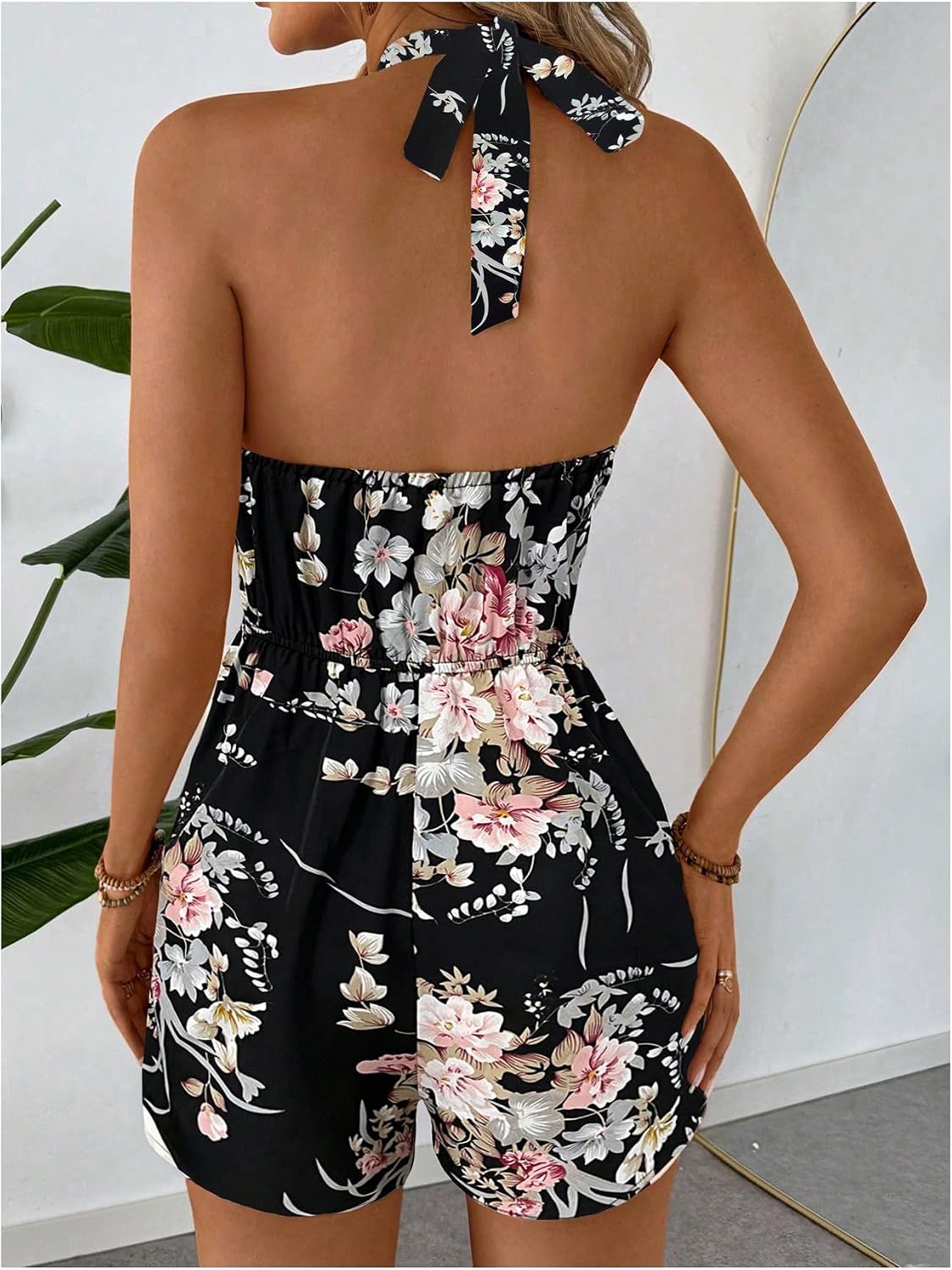SweatyRocks Women's Allover Print Sleeveless Halter Jumpsuit High Waist Cami Romper with Pocket