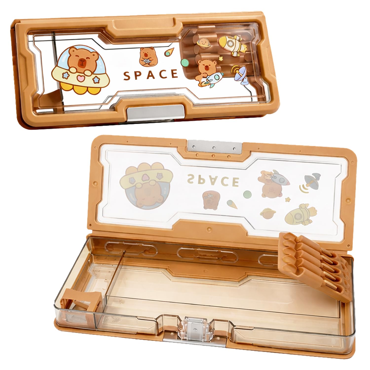 FunBlast Transparent Pencil Box – Space Theme Magnetic Pencil Case for Kids, Stationery Organizer for School, Pen & Pencil Storage, Birthday Return Gift for Kid (Tan)-picture-10
